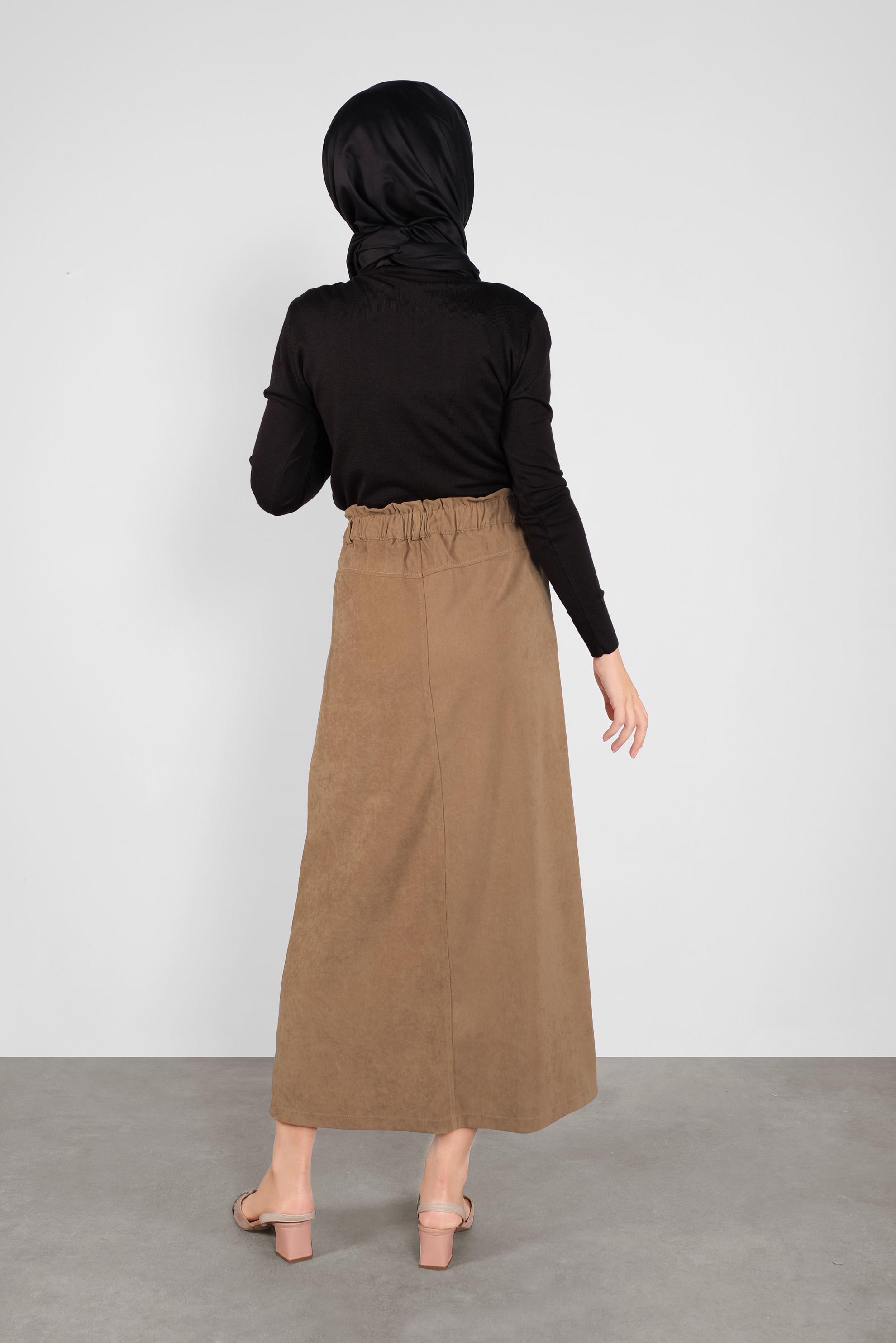 Tesettür giyim BEJ BELİ LASTİKLİ NUBUK ETEK 60117 