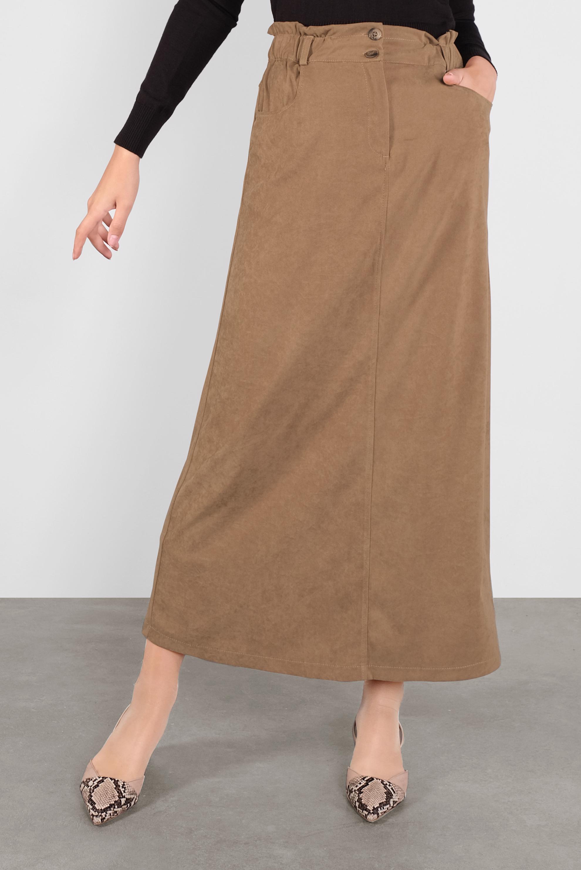 Tesettür giyim BEJ BELİ LASTİKLİ NUBUK ETEK 60117 