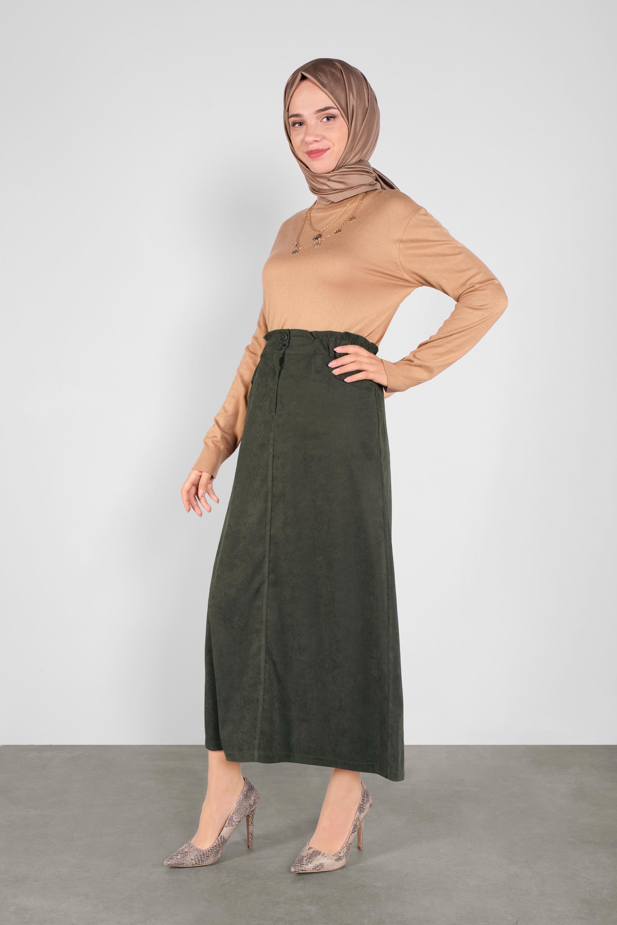 Tesettür giyim HAKİ BELİ LASTİKLİ NUBUK ETEK 60117 