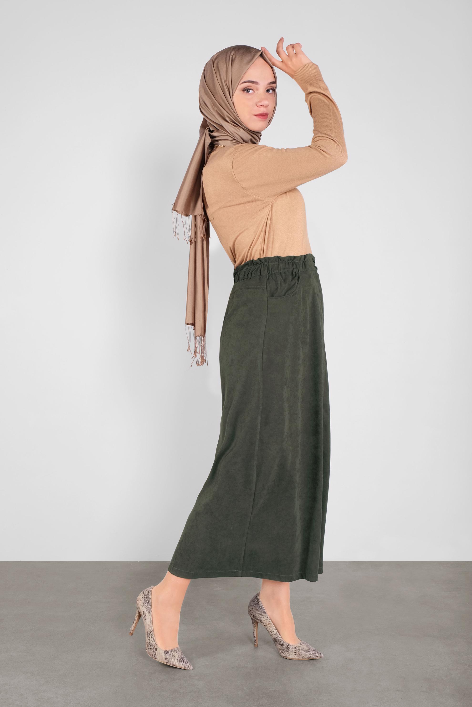Tesettür giyim HAKİ BELİ LASTİKLİ NUBUK ETEK 60117 