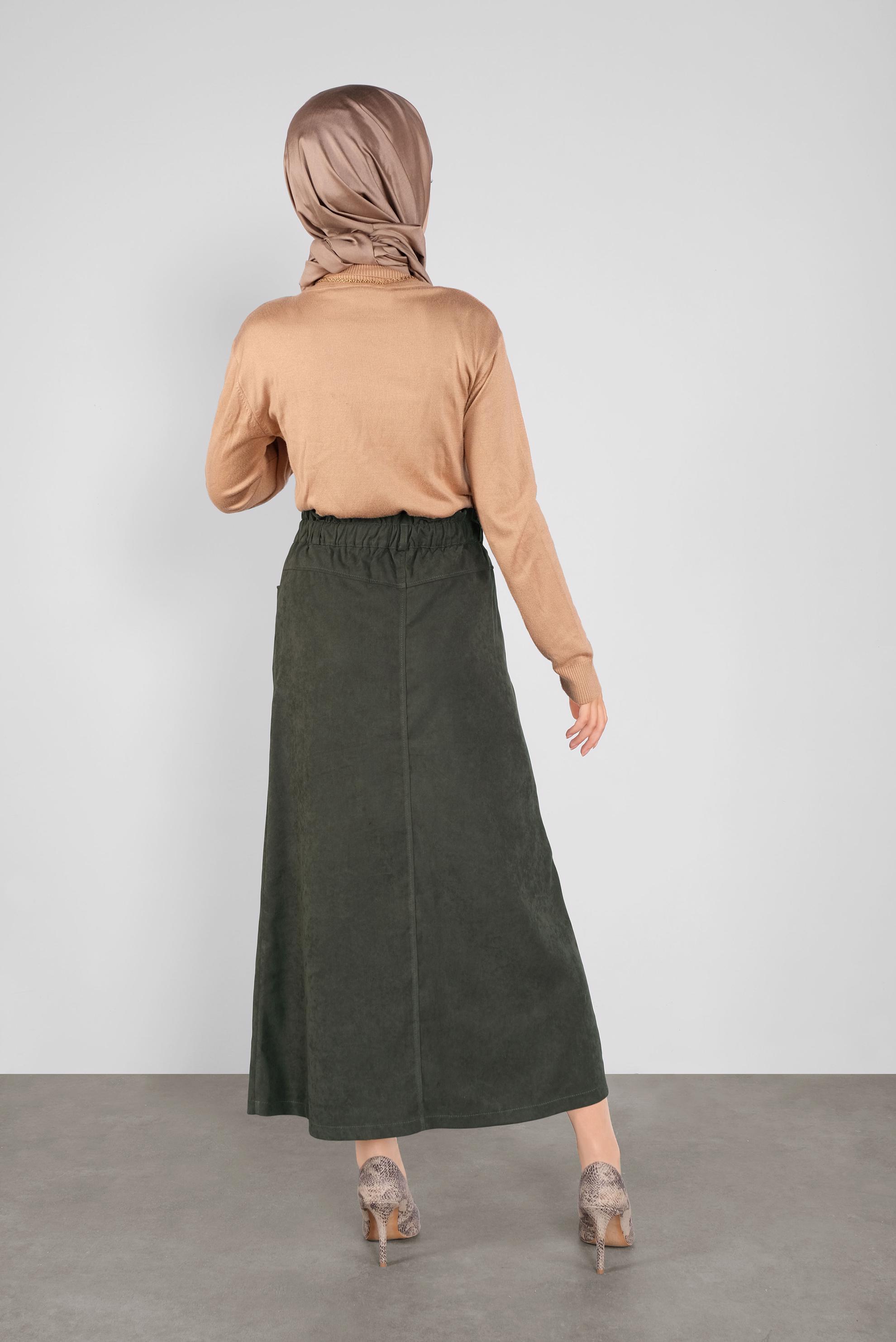 Tesettür giyim HAKİ BELİ LASTİKLİ NUBUK ETEK 60117 
