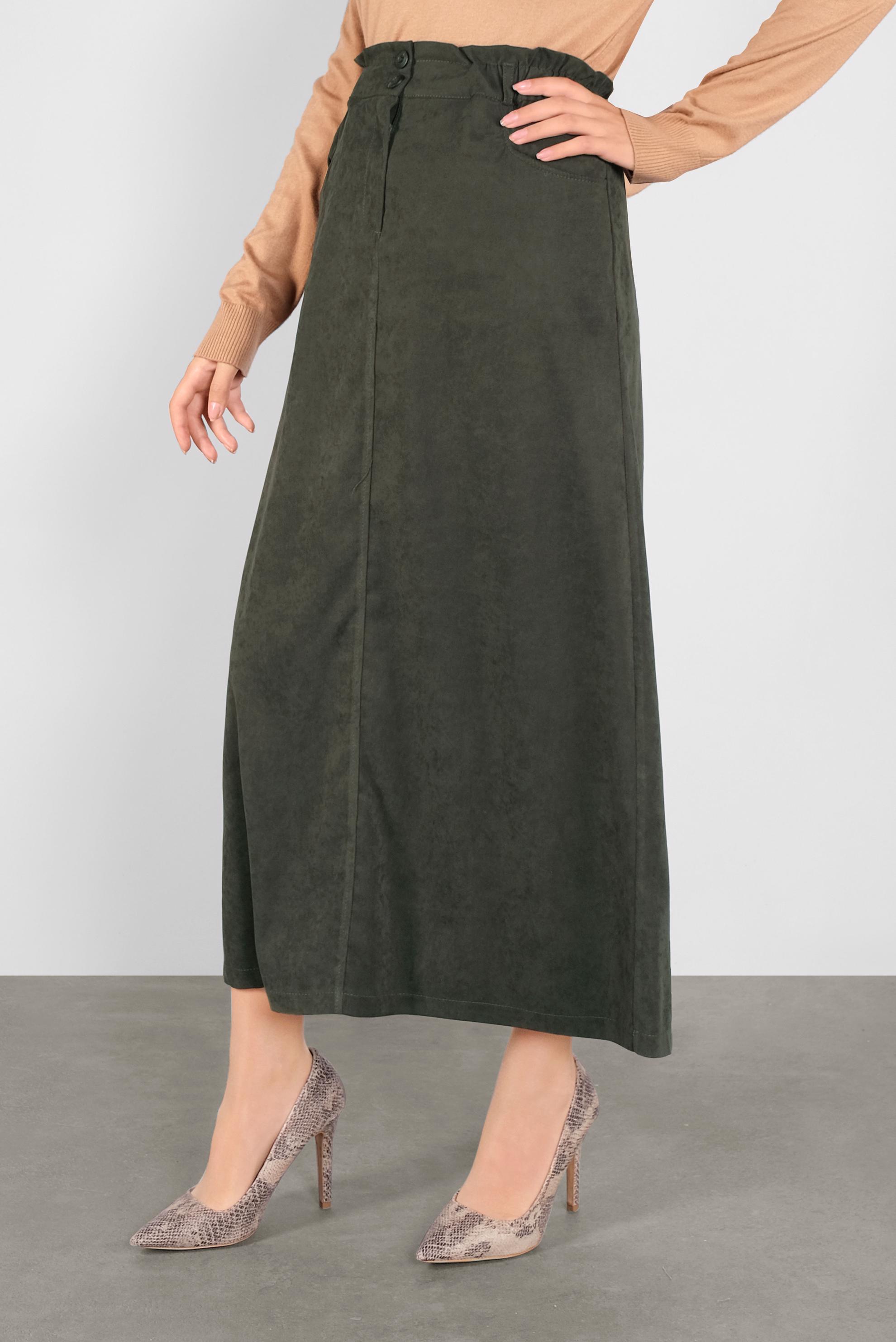 Tesettür giyim HAKİ BELİ LASTİKLİ NUBUK ETEK 60117 