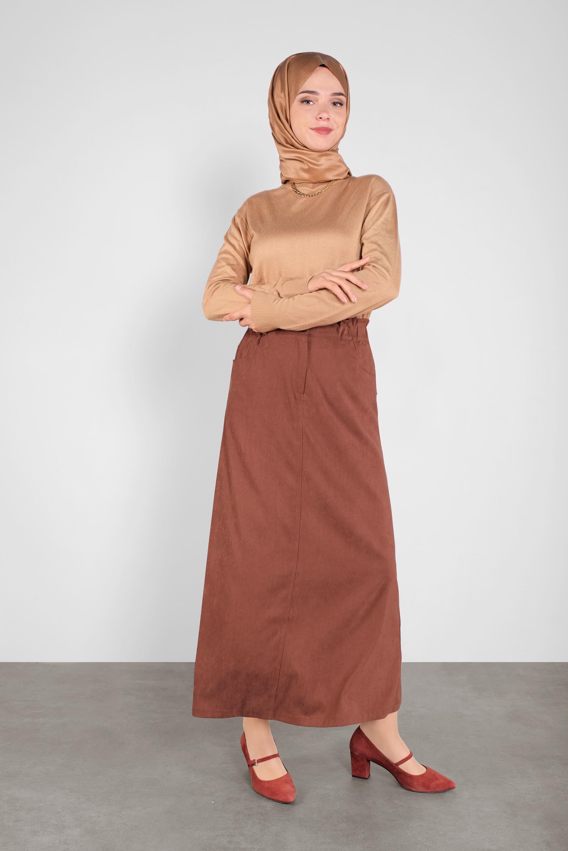 Tesettür giyim TURUNCU BELİ LASTİKLİ NUBUK ETEK 60117 