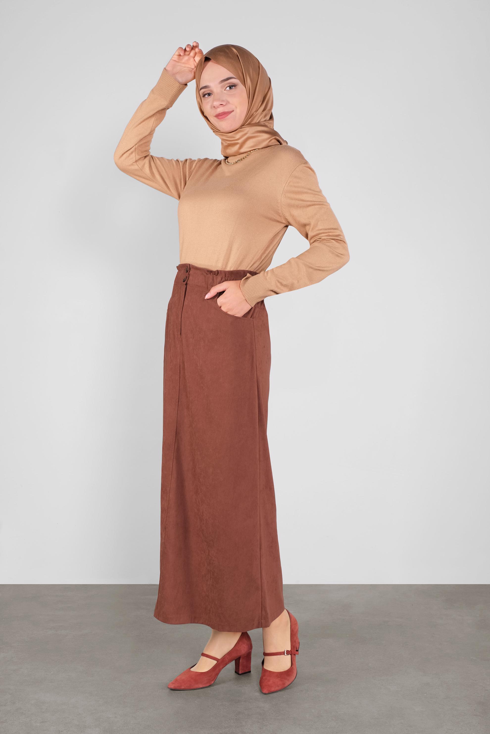 Tesettür giyim TURUNCU BELİ LASTİKLİ NUBUK ETEK 60117 