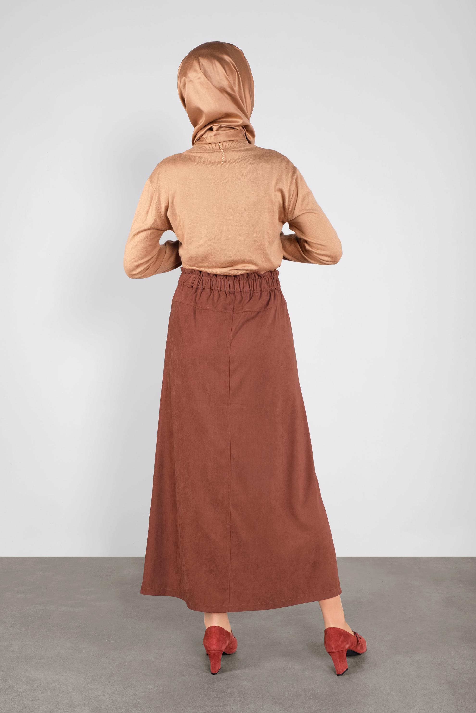 Tesettür giyim TURUNCU BELİ LASTİKLİ NUBUK ETEK 60117 