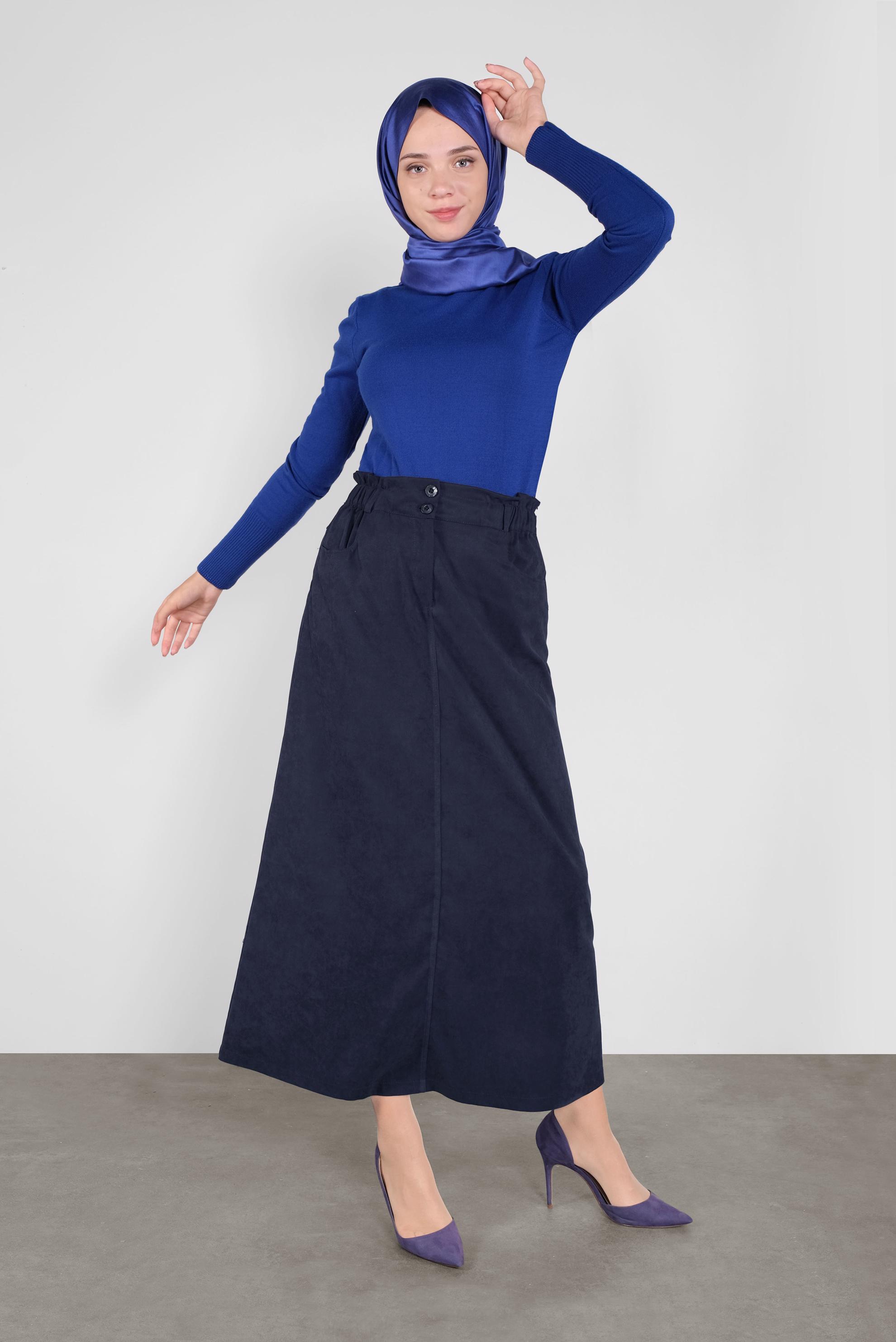 Tesettür giyim LACİVERT BELİ LASTİKLİ NUBUK ETEK 60117 