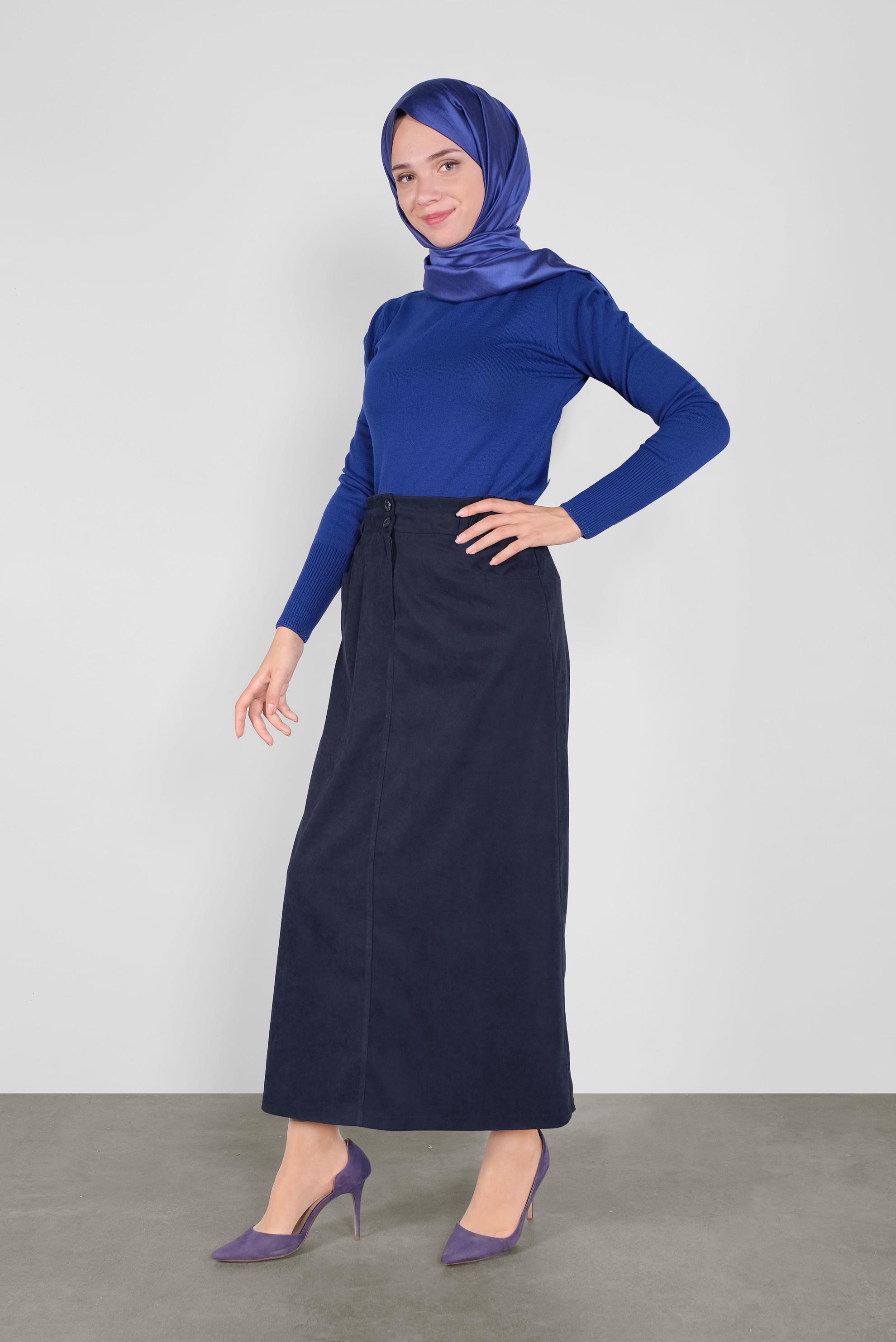 Tesettür giyim LACİVERT BELİ LASTİKLİ NUBUK ETEK 60117 