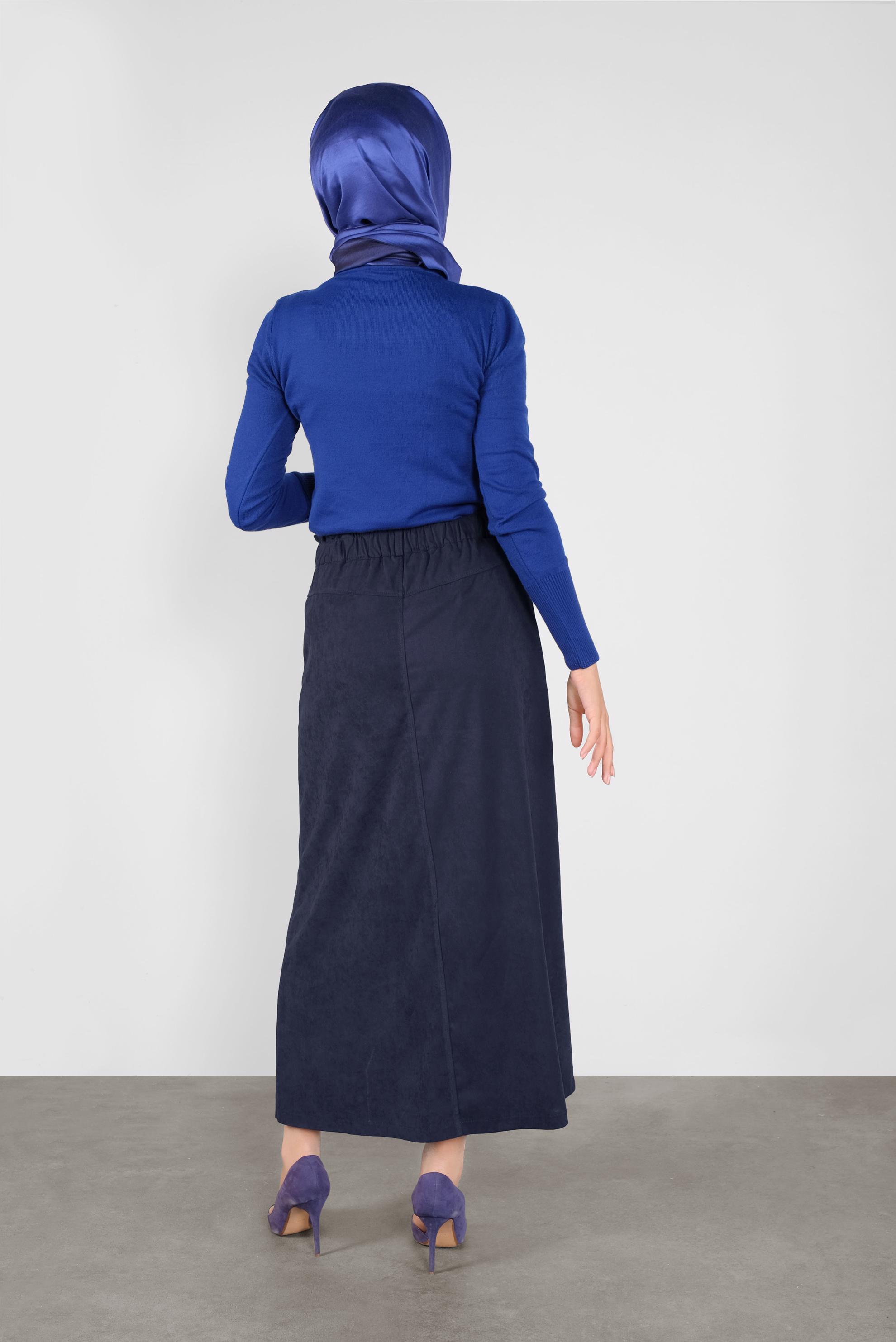 Tesettür giyim LACİVERT BELİ LASTİKLİ NUBUK ETEK 60117 