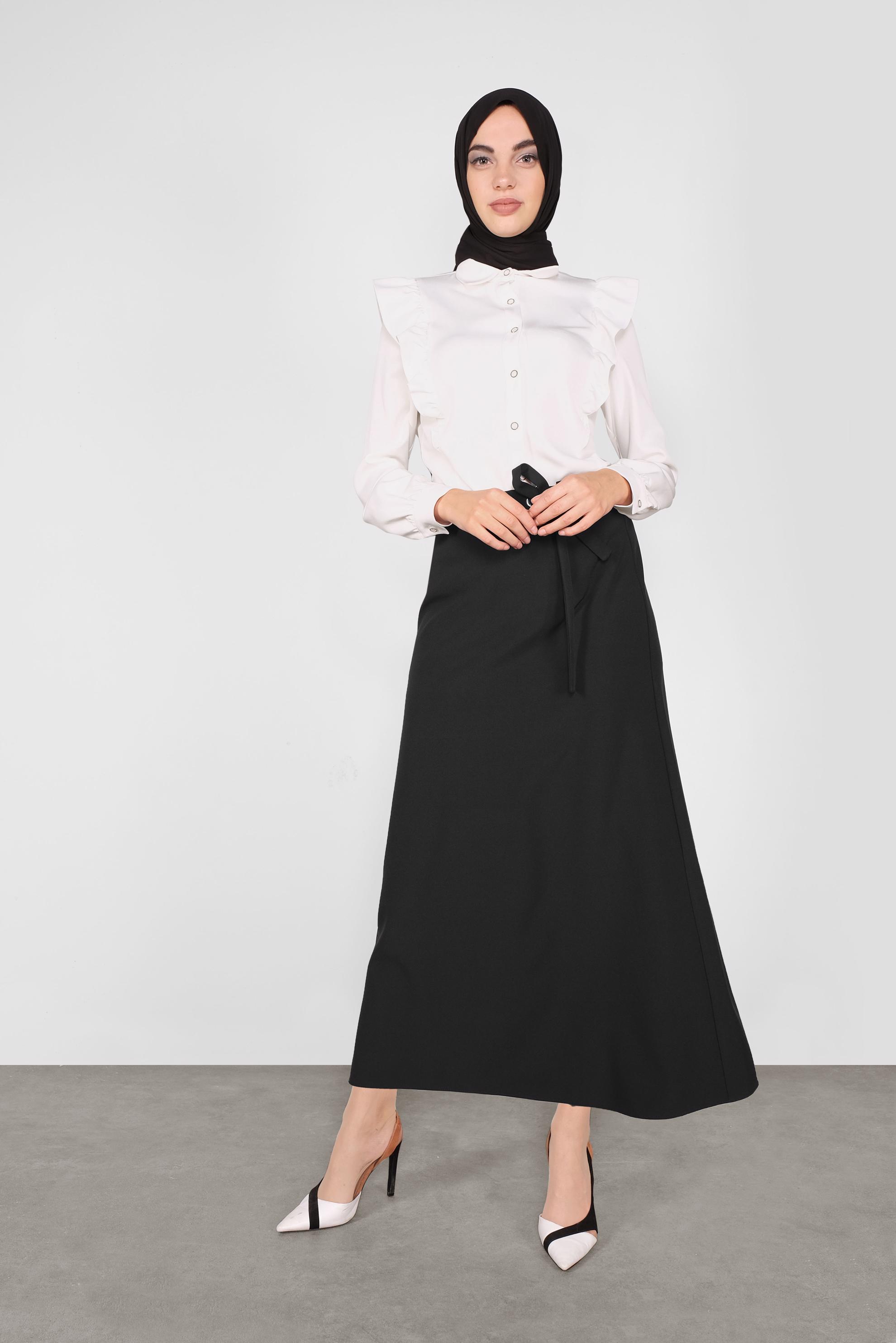 Tesettür giyim SİYAH BEL KISMI BAĞCIK DETAYLI ETEK 60119