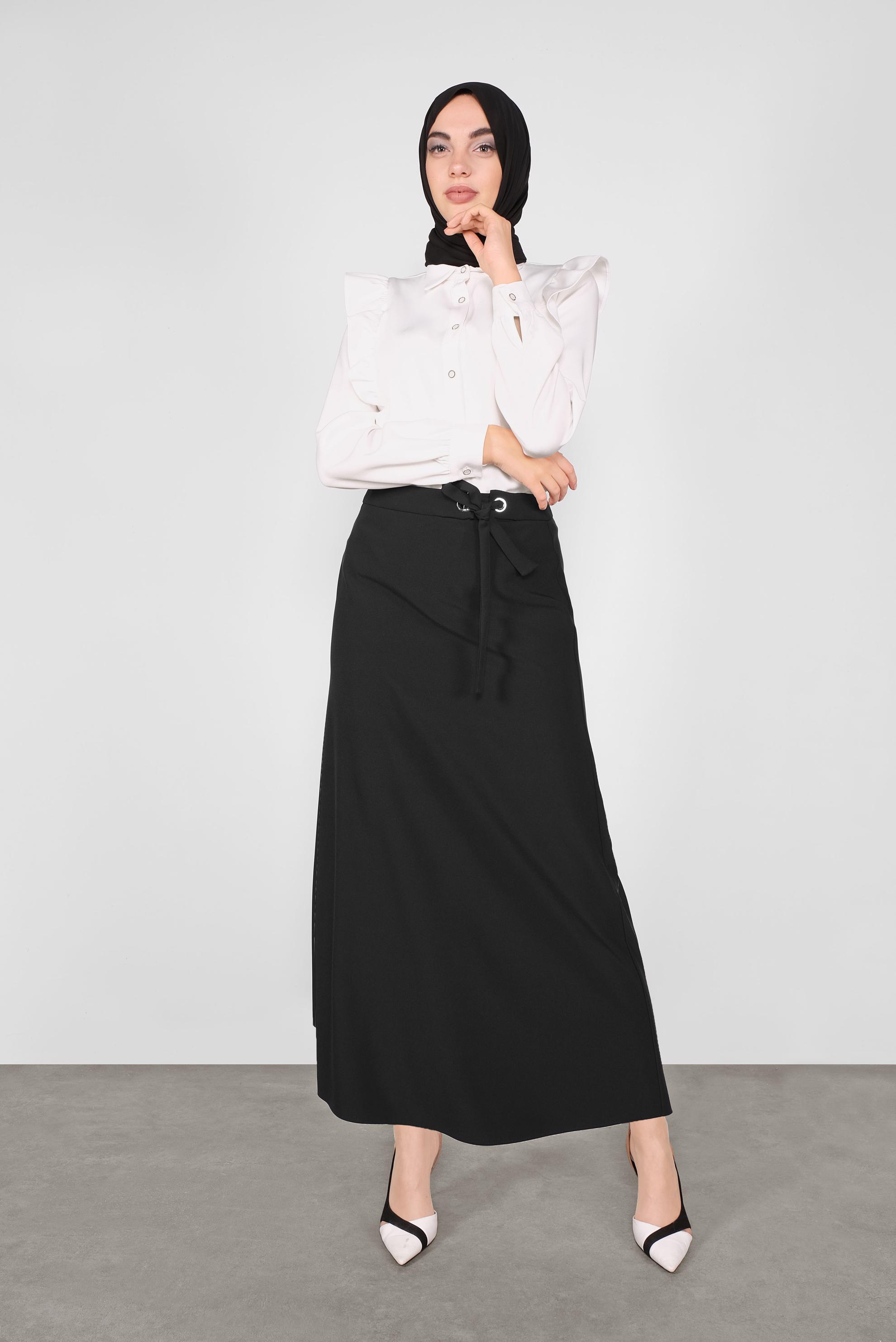 Tesettür giyim SİYAH BEL KISMI BAĞCIK DETAYLI ETEK 60119