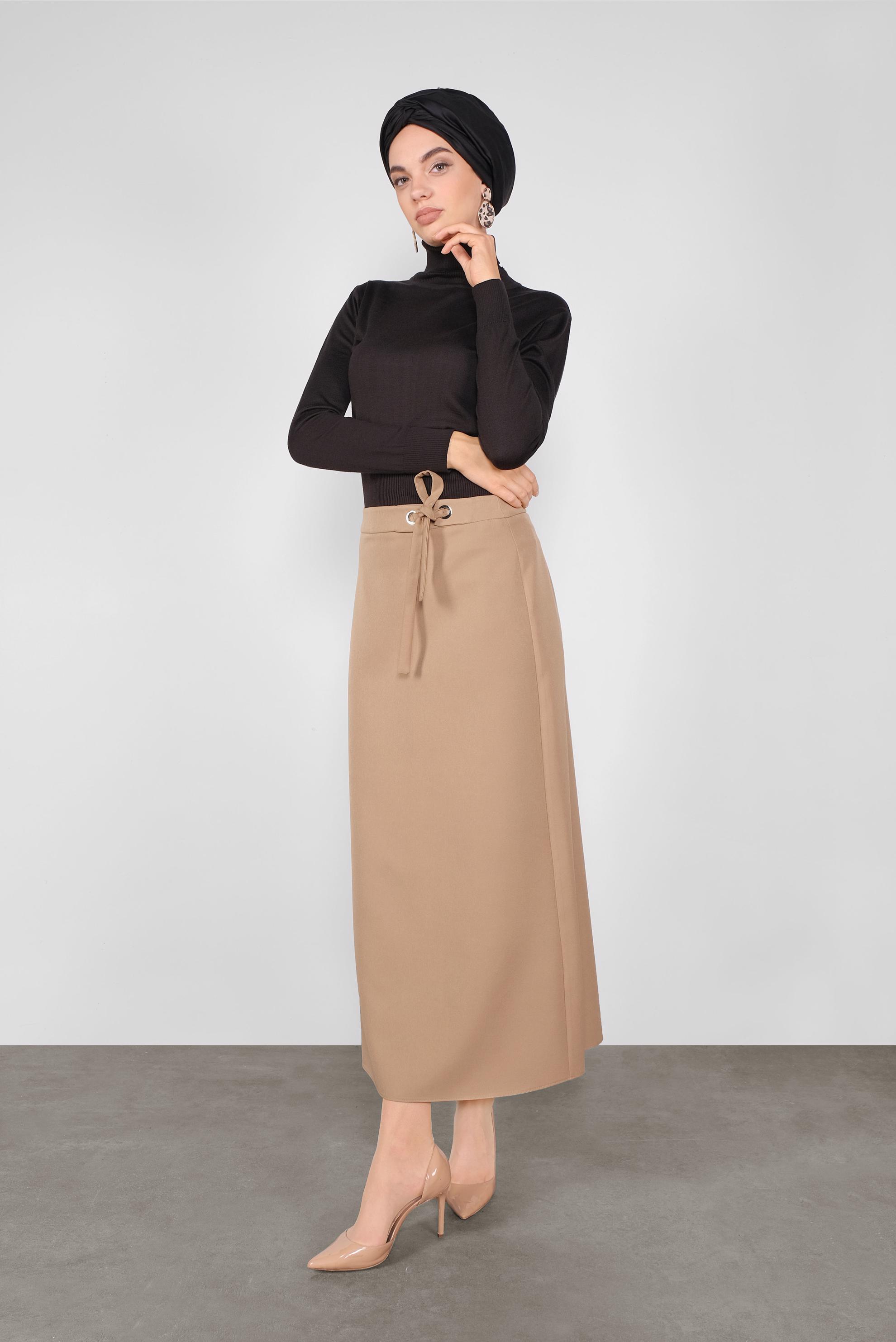 Tesettür giyim BEJ BEL KISMI BAĞCIK DETAYLI ETEK 60119