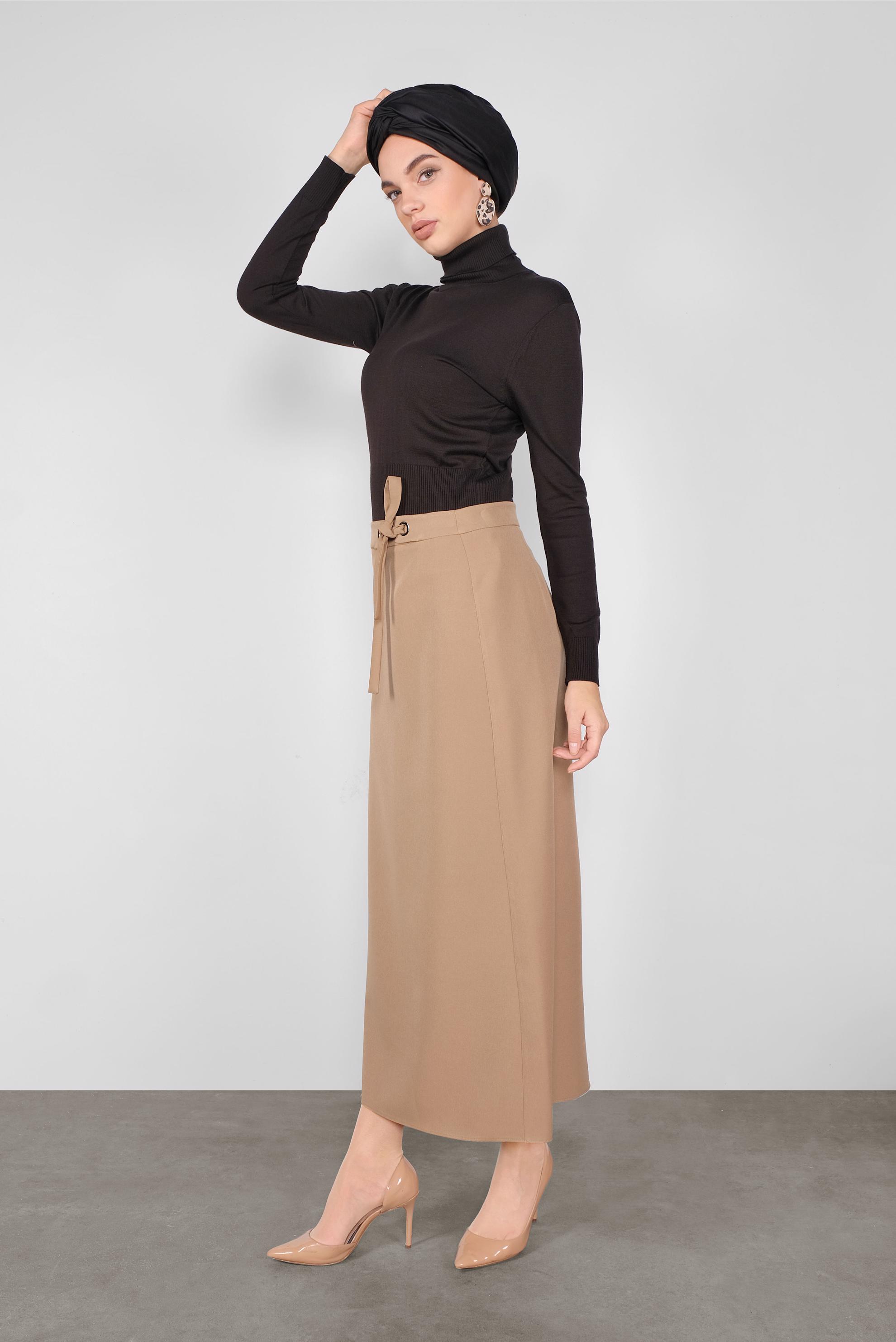 Tesettür giyim BEJ BEL KISMI BAĞCIK DETAYLI ETEK 60119