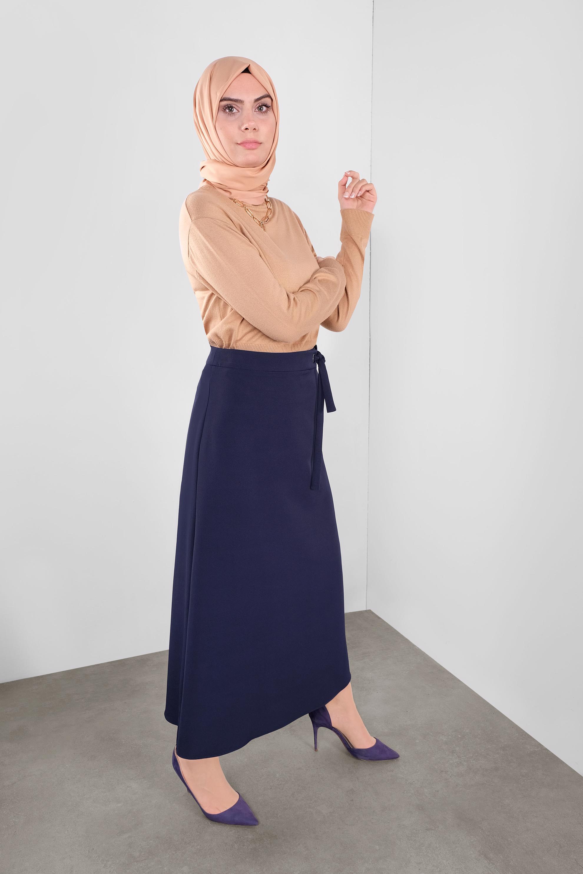 Tesettür giyim LACİVERT BEL KISMI BAĞCIK DETAYLI ETEK 60119