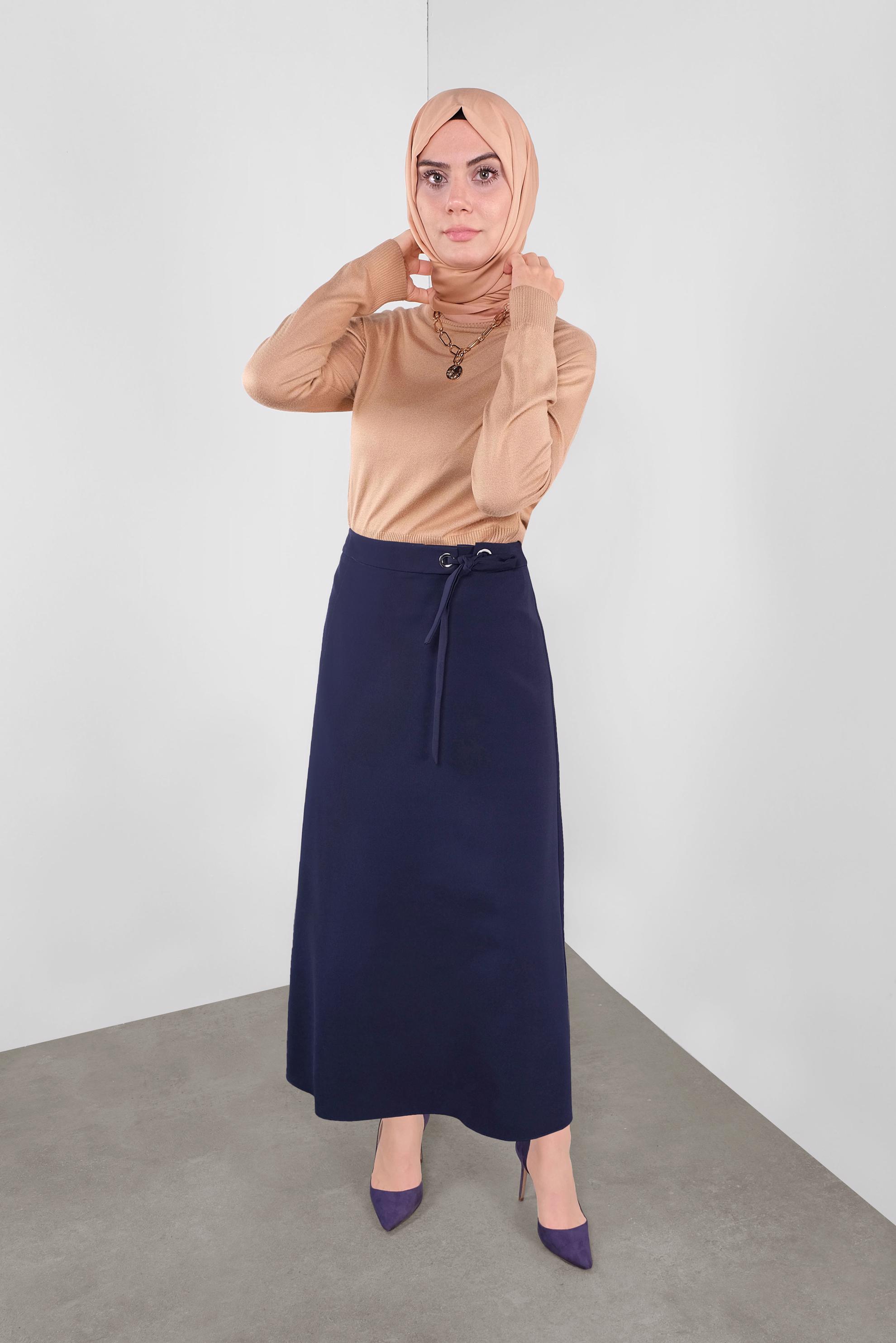 Tesettür giyim LACİVERT BEL KISMI BAĞCIK DETAYLI ETEK 60119