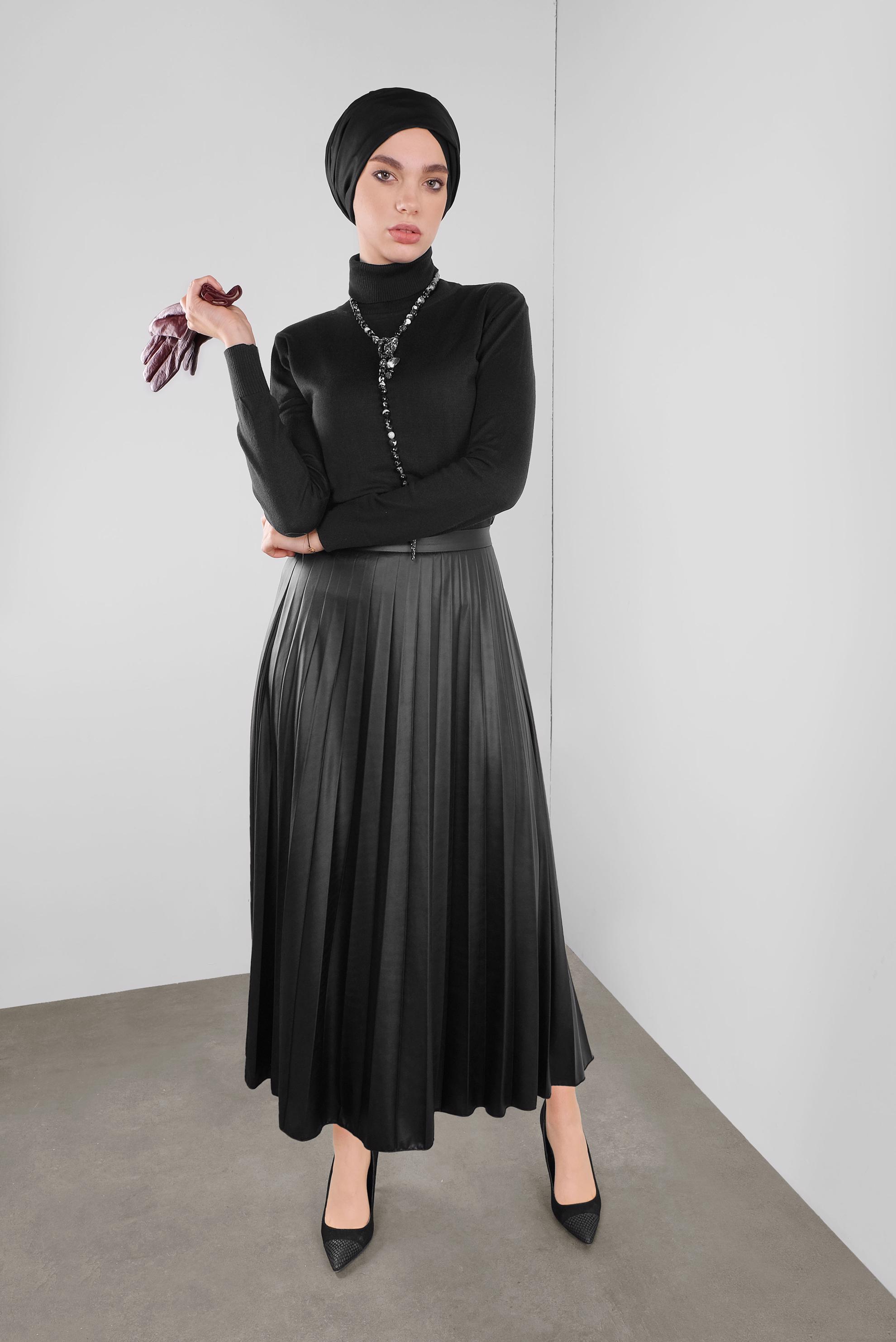 Tesettür giyim SİYAH PİLELİ SALAŞ ETEK 60120