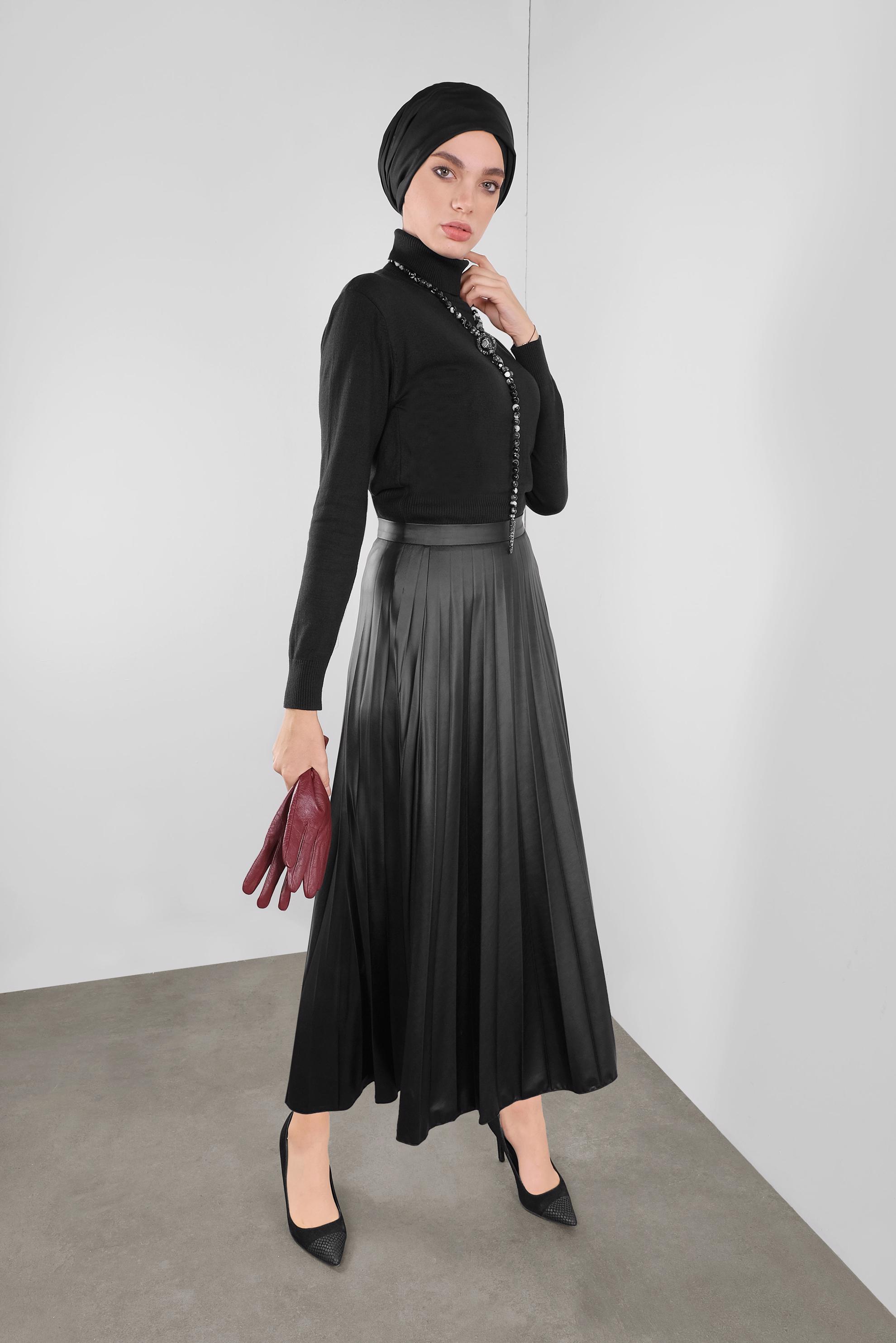 Tesettür giyim SİYAH PİLELİ SALAŞ ETEK 60120