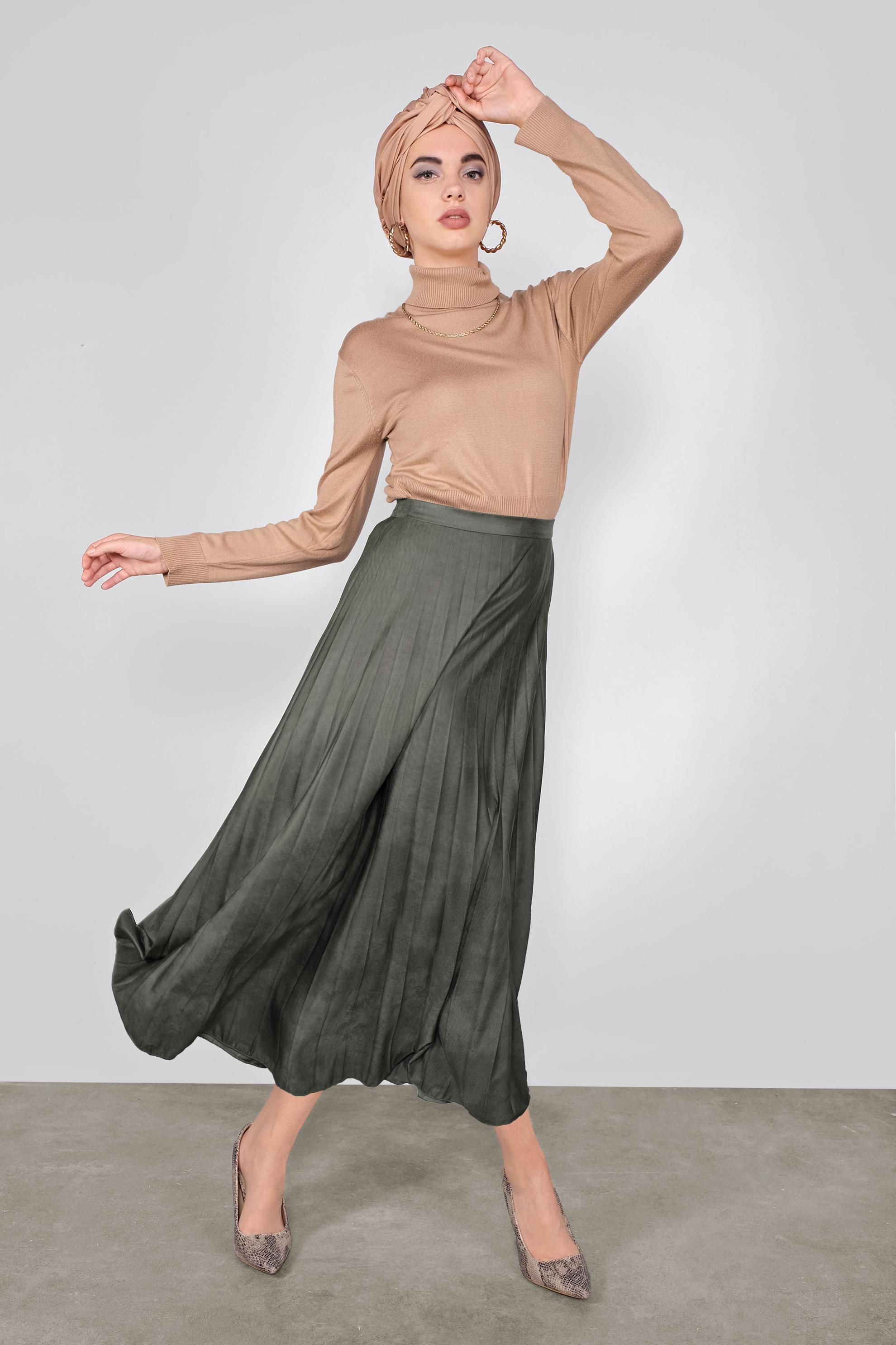 Tesettür giyim HAKİ PİLELİ SALAŞ ETEK 60120