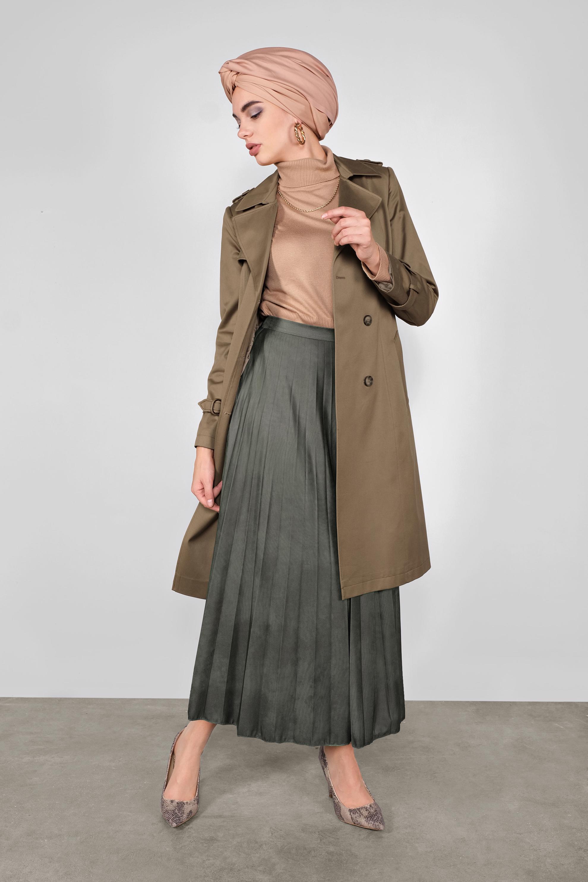 Tesettür giyim HAKİ PİLELİ SALAŞ ETEK 60120