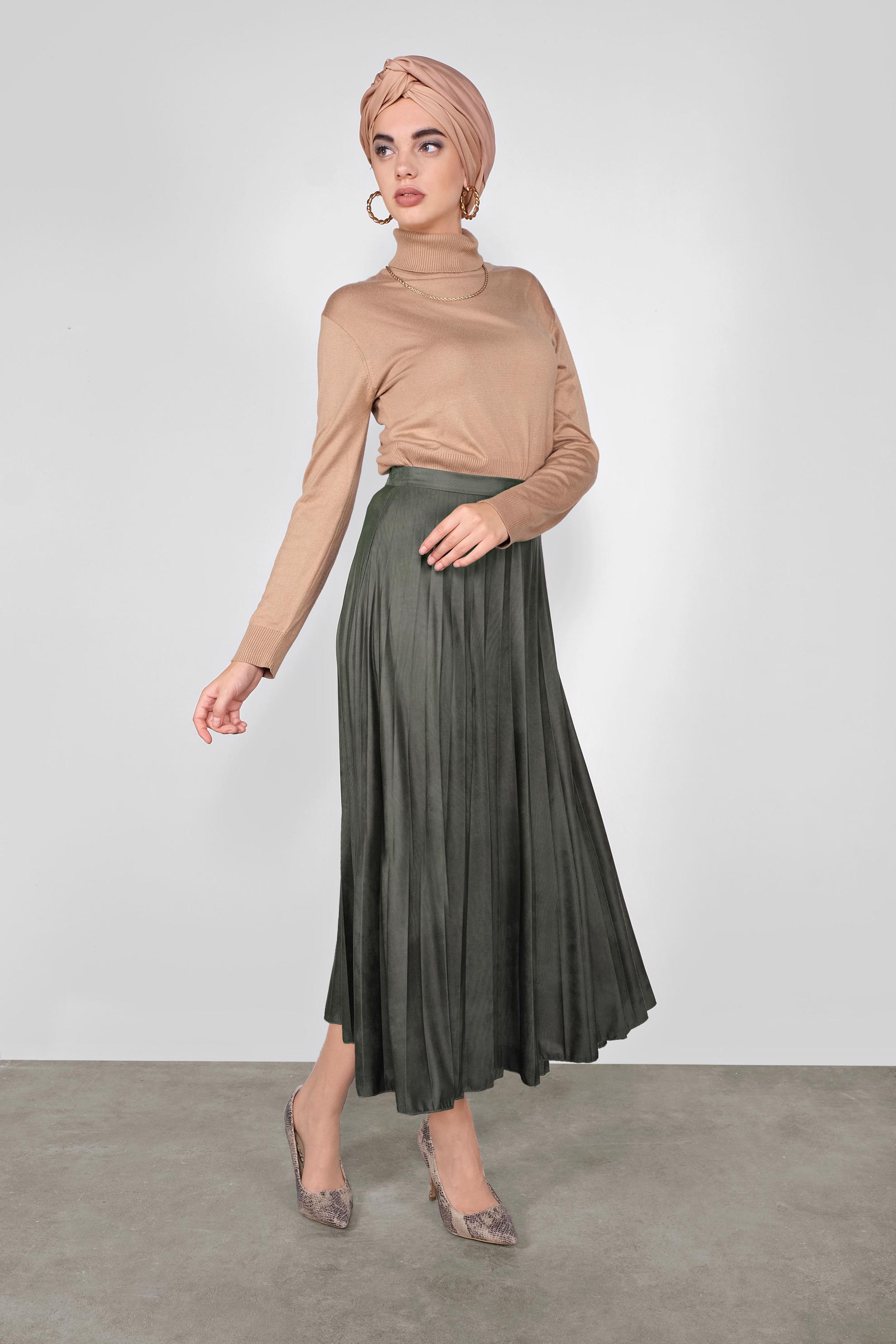 Tesettür giyim HAKİ PİLELİ SALAŞ ETEK 60120