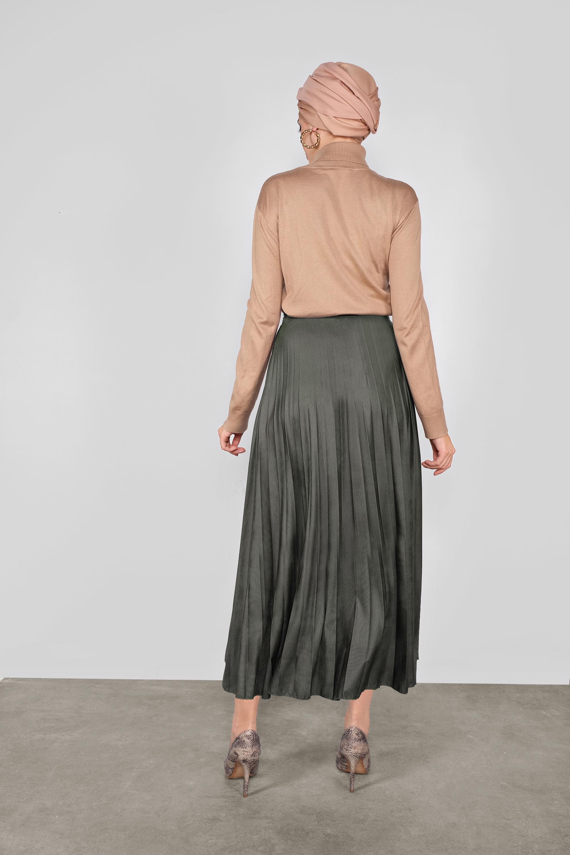 Tesettür giyim HAKİ PİLELİ SALAŞ ETEK 60120