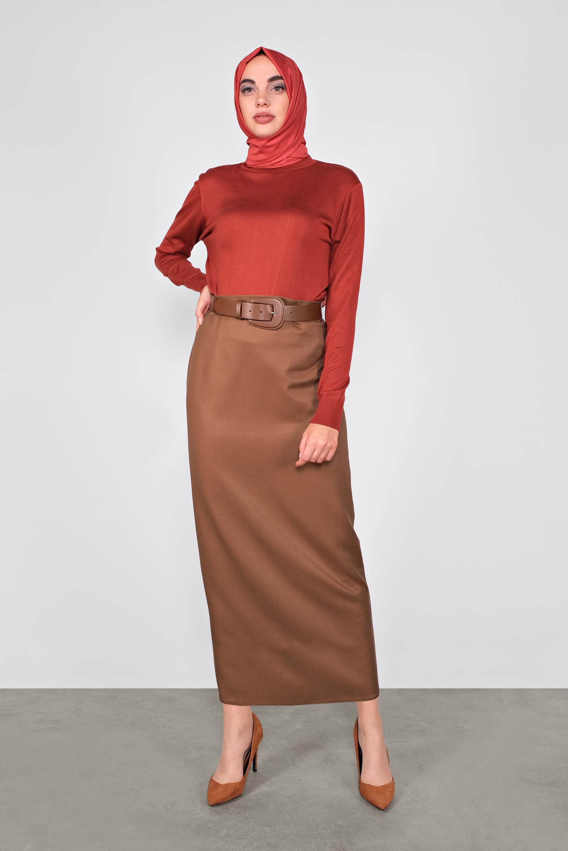 Tesettür giyim TABA YÜKSEK BEL ETEK 60122