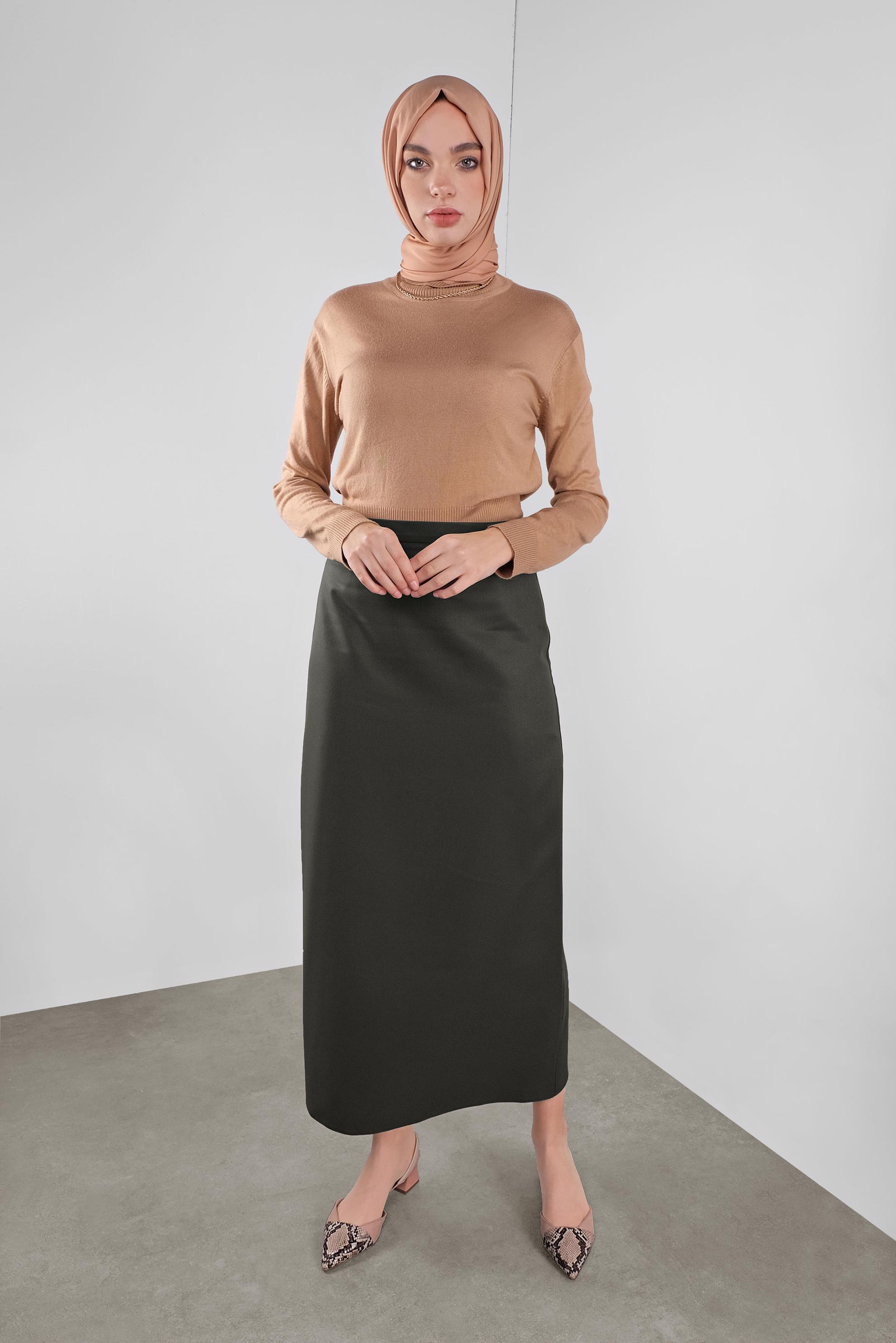 Tesettür giyim HAKİ YÜKSEK BEL ETEK 60122