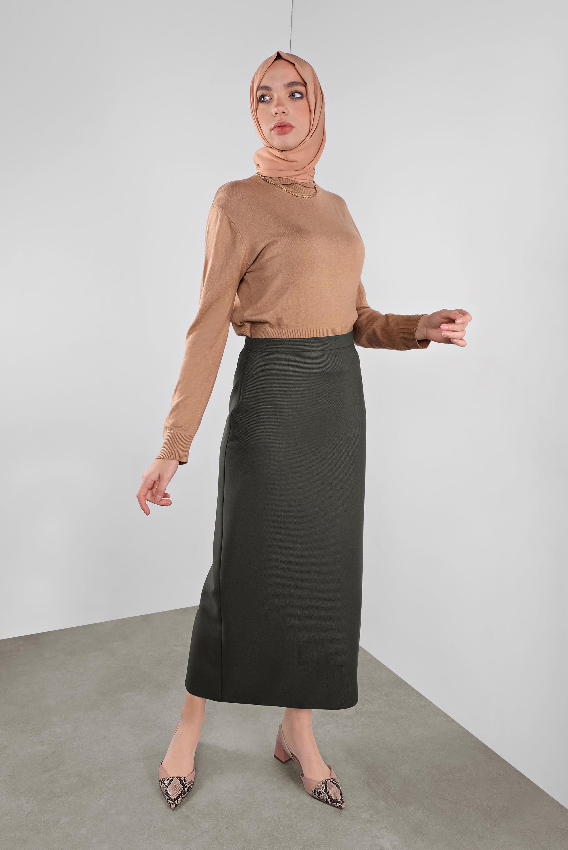 Tesettür giyim HAKİ YÜKSEK BEL ETEK 60122