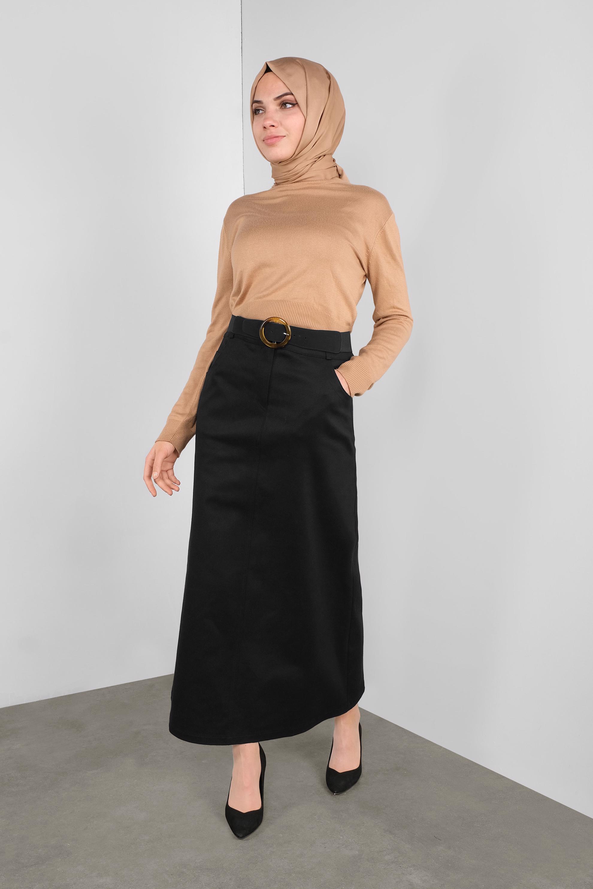 Tesettür giyim SİYAH DÜĞMELİ CEPLİ ETEK 60124 