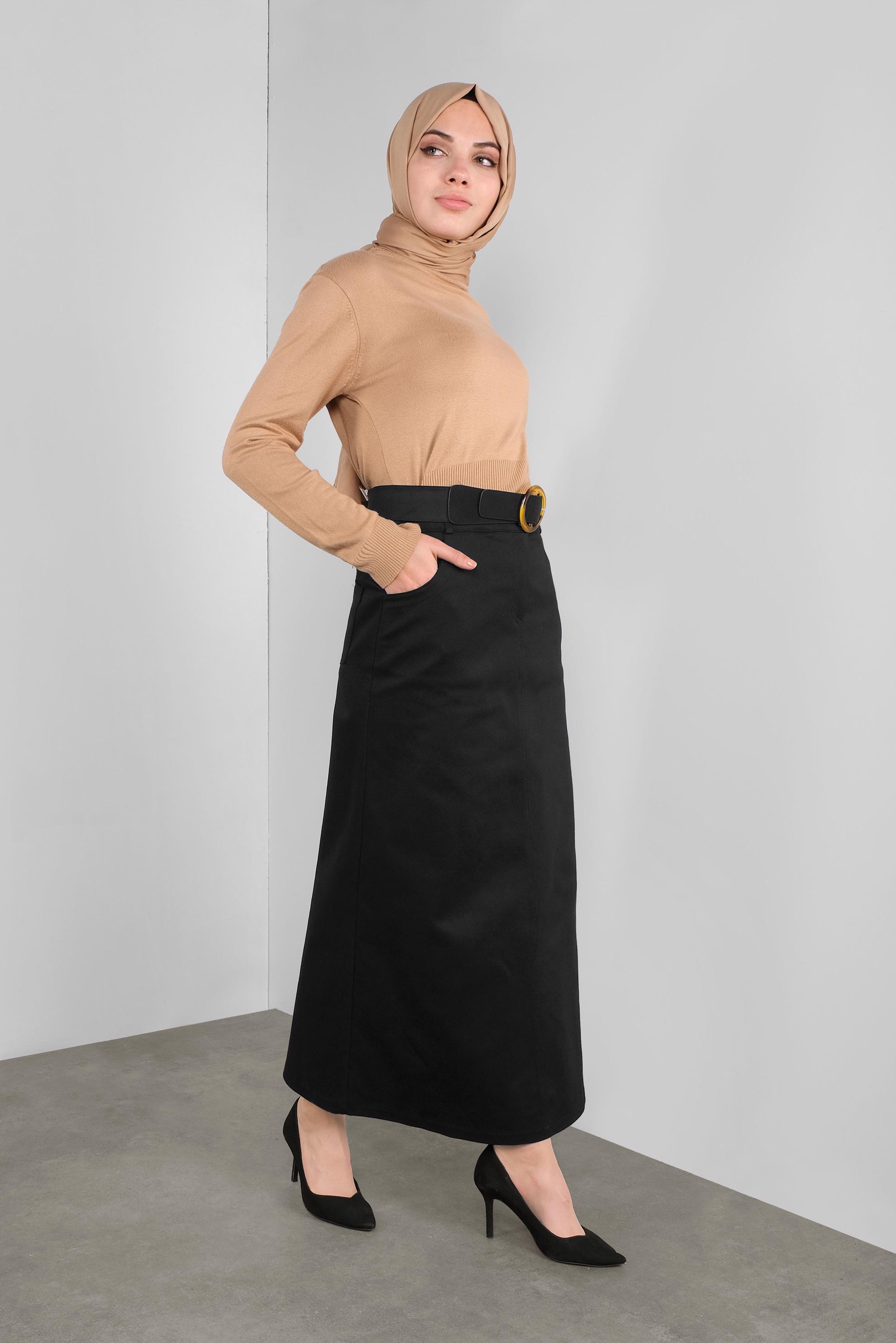 Tesettür giyim SİYAH DÜĞMELİ CEPLİ ETEK 60124 