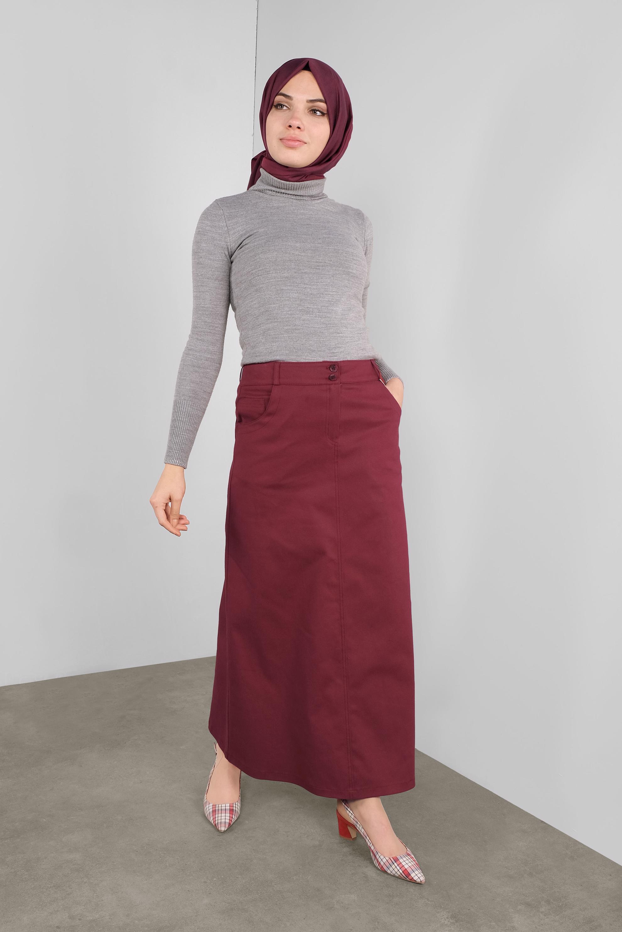 Tesettür giyim KIRMIZI DÜĞMELİ CEPLİ ETEK 60124 