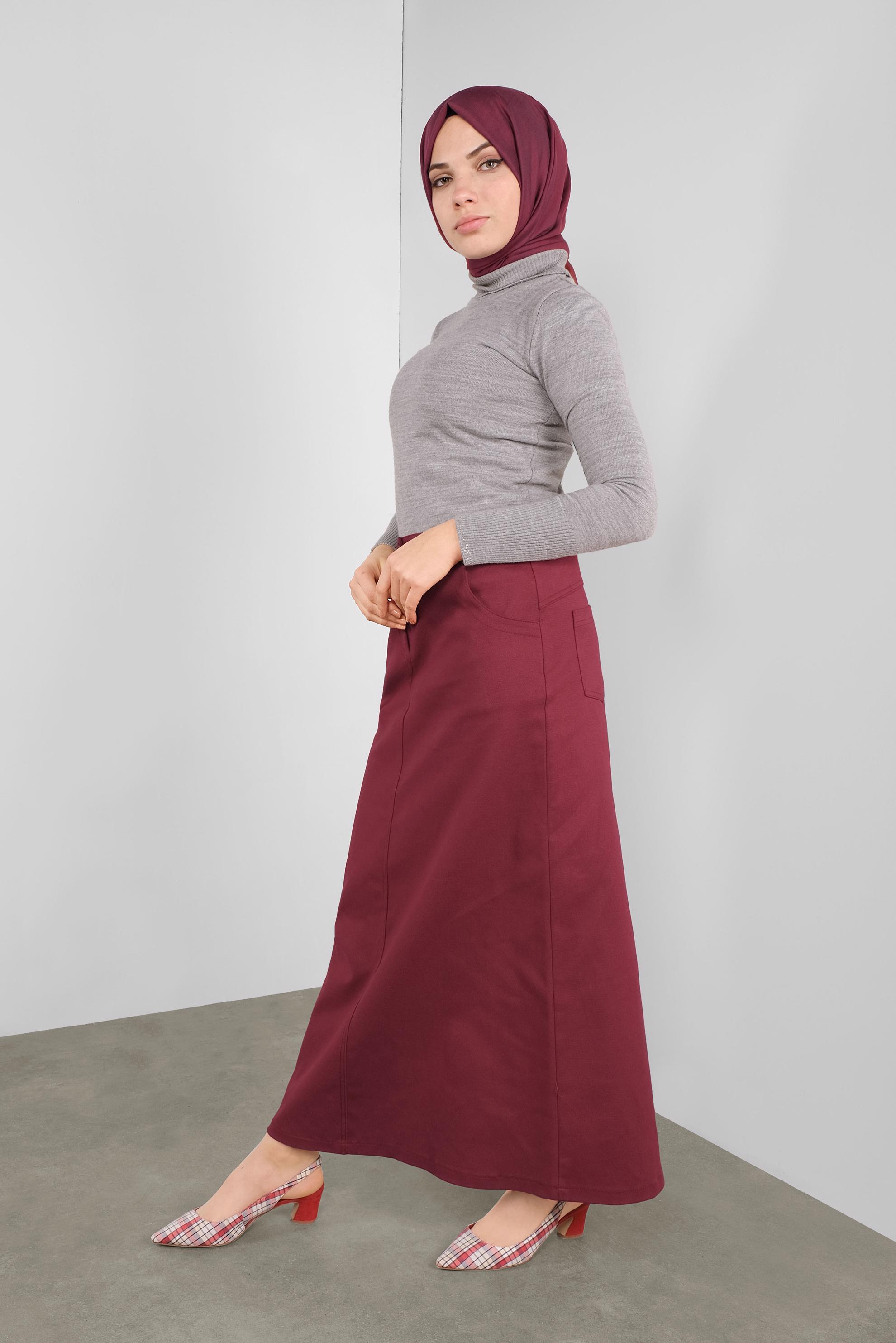 Tesettür giyim KIRMIZI DÜĞMELİ CEPLİ ETEK 60124 