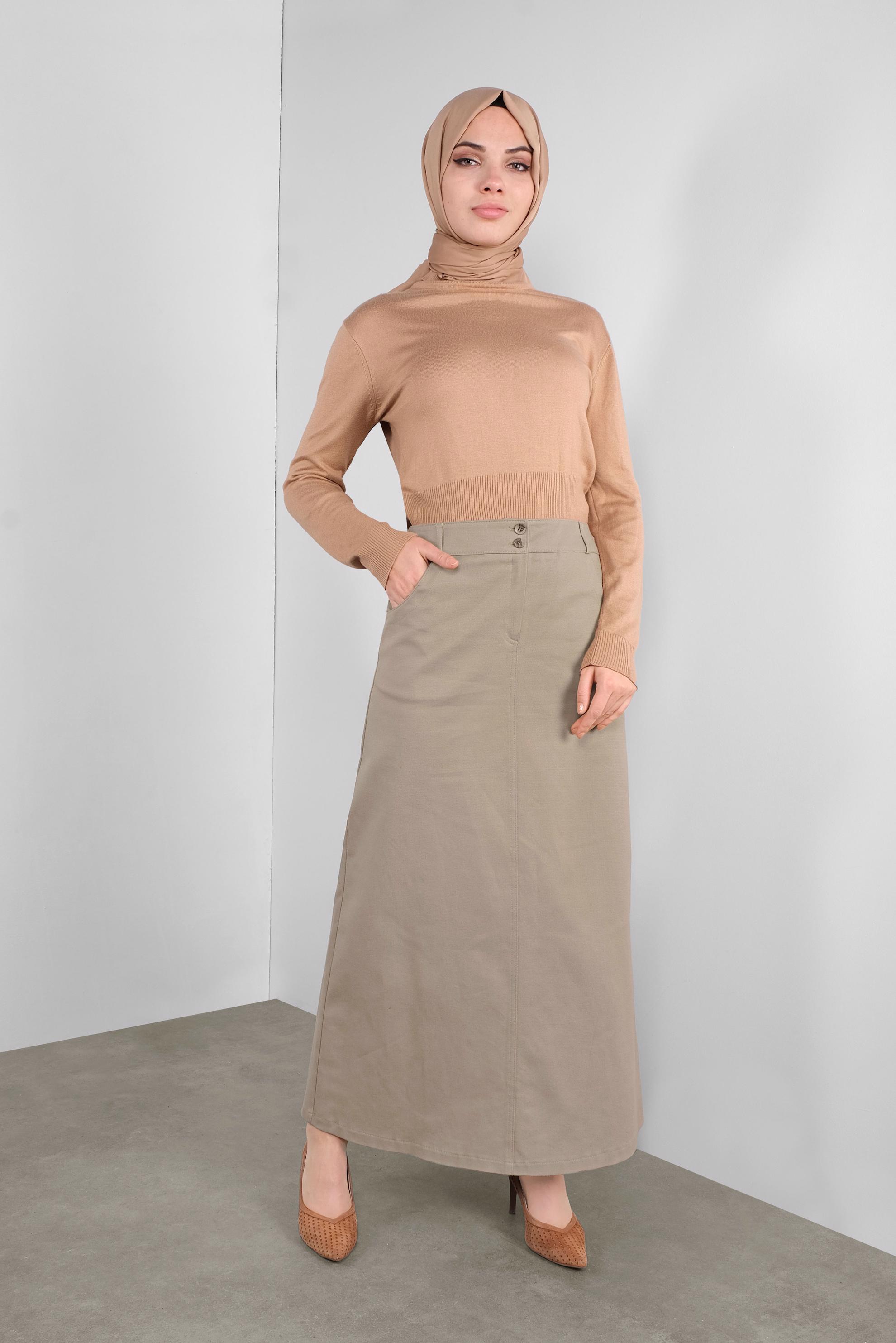 Tesettür giyim BEJ DÜĞMELİ CEPLİ ETEK 60124 