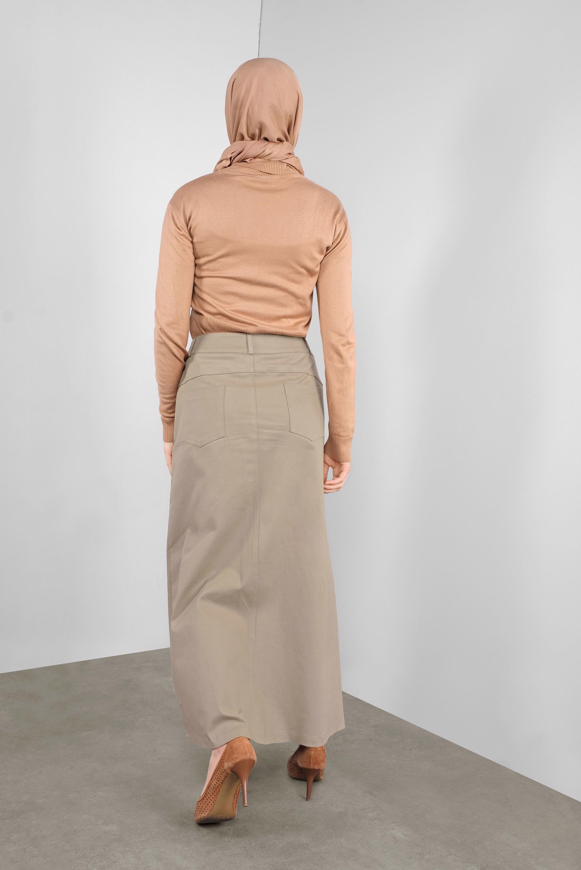 Tesettür giyim BEJ DÜĞMELİ CEPLİ ETEK 60124 