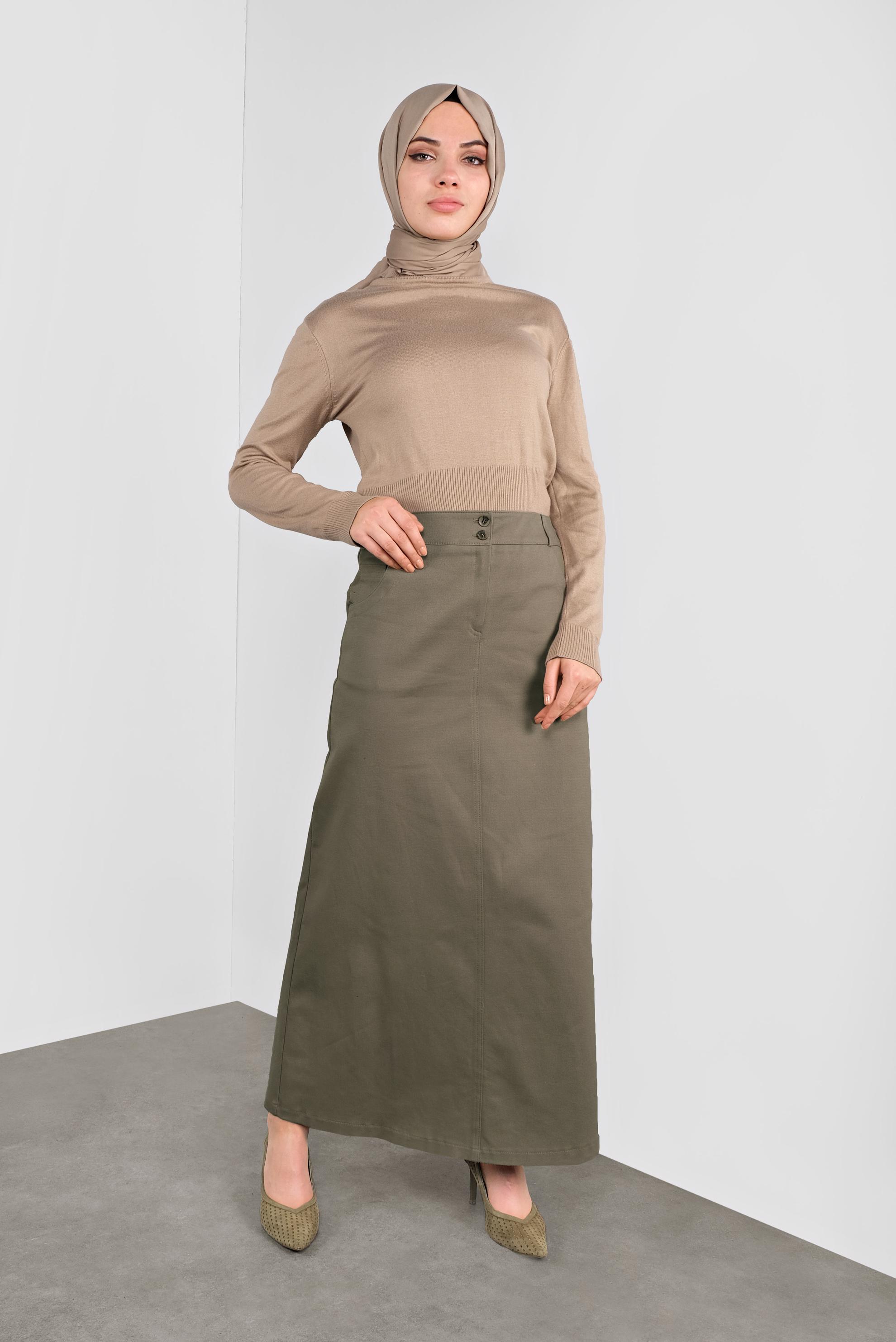 Tesettür giyim HAKİ DÜĞMELİ CEPLİ ETEK 60124 