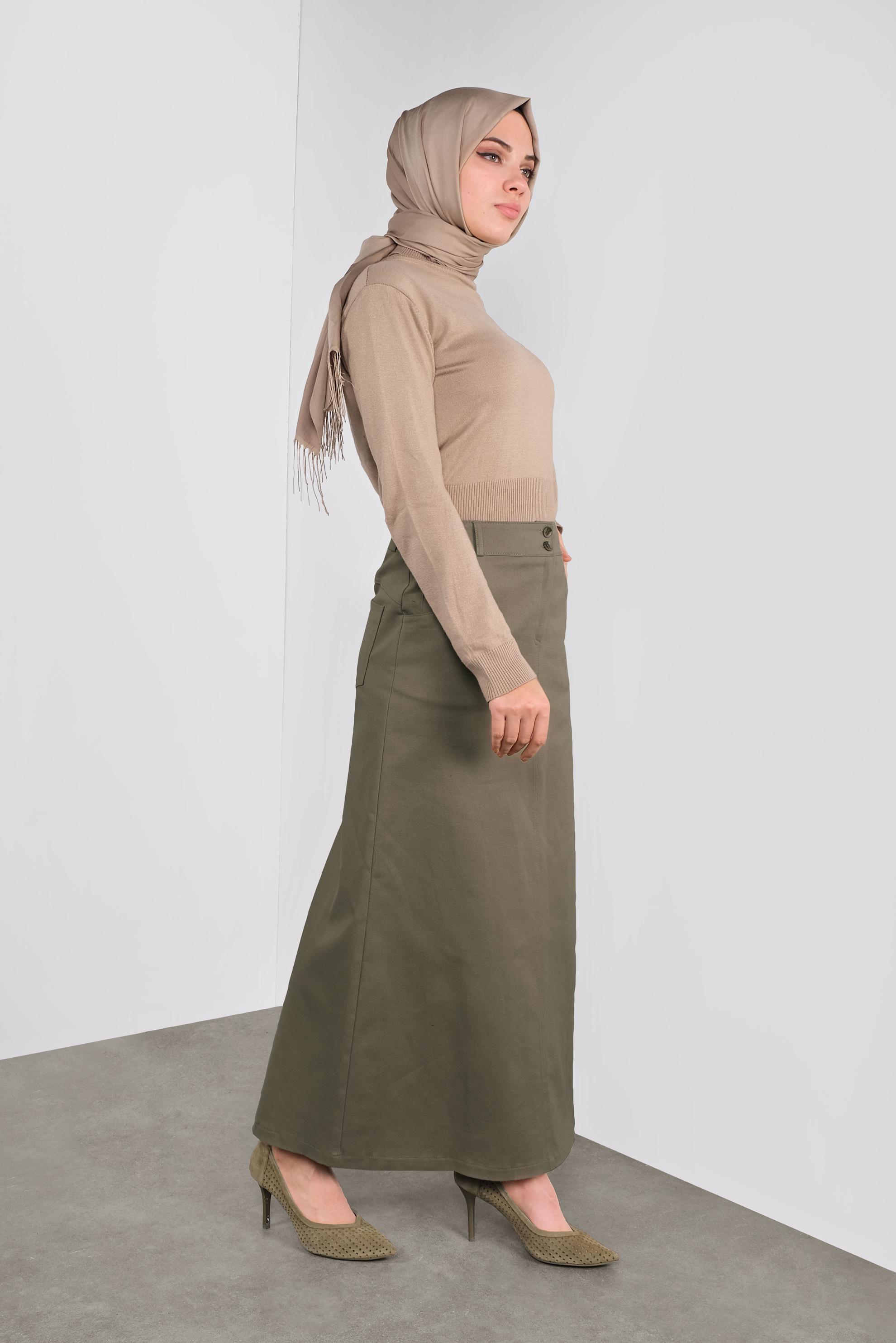 Tesettür giyim HAKİ DÜĞMELİ CEPLİ ETEK 60124 