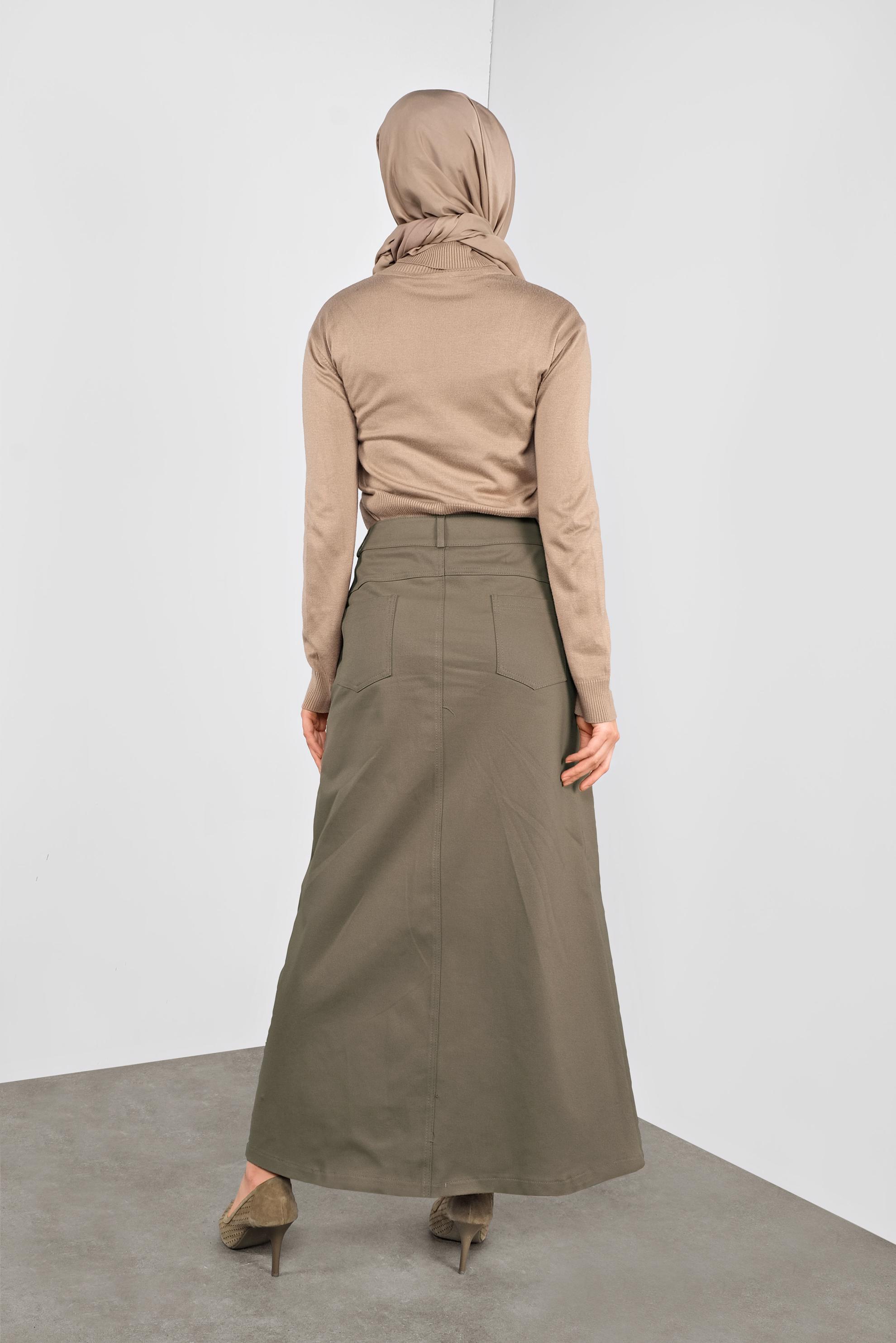 Tesettür giyim HAKİ DÜĞMELİ CEPLİ ETEK 60124 