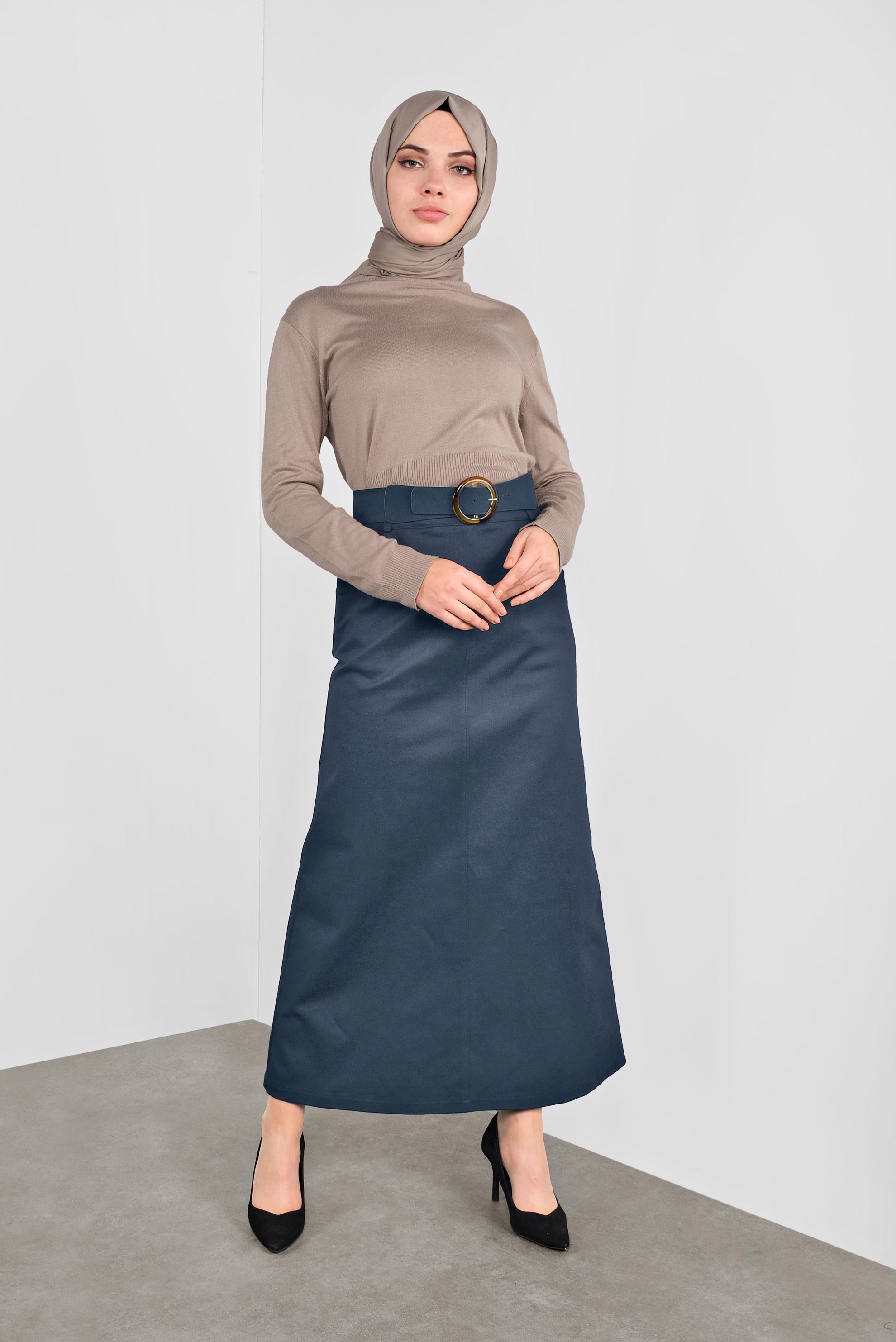 Tesettür giyim LACİVERT DÜĞMELİ CEPLİ ETEK 60124 