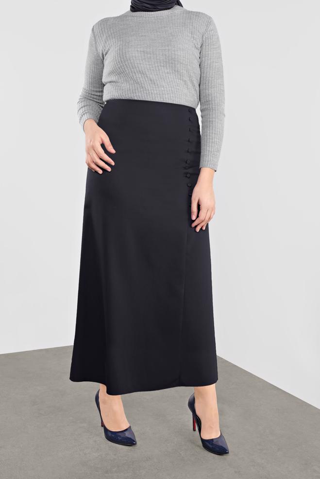 Tesettür giyim LACİVERT DÜĞME DETAYLI KLASİK ETEK 60125 - ALVİNA