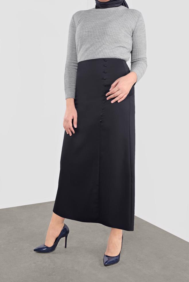 Tesettür giyim LACİVERT DÜĞME DETAYLI KLASİK ETEK 60125 - ALVİNA