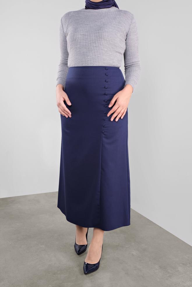 Tesettür giyim LACİVERT DÜĞME DETAYLI KLASİK ETEK 60125 - ALVİNA