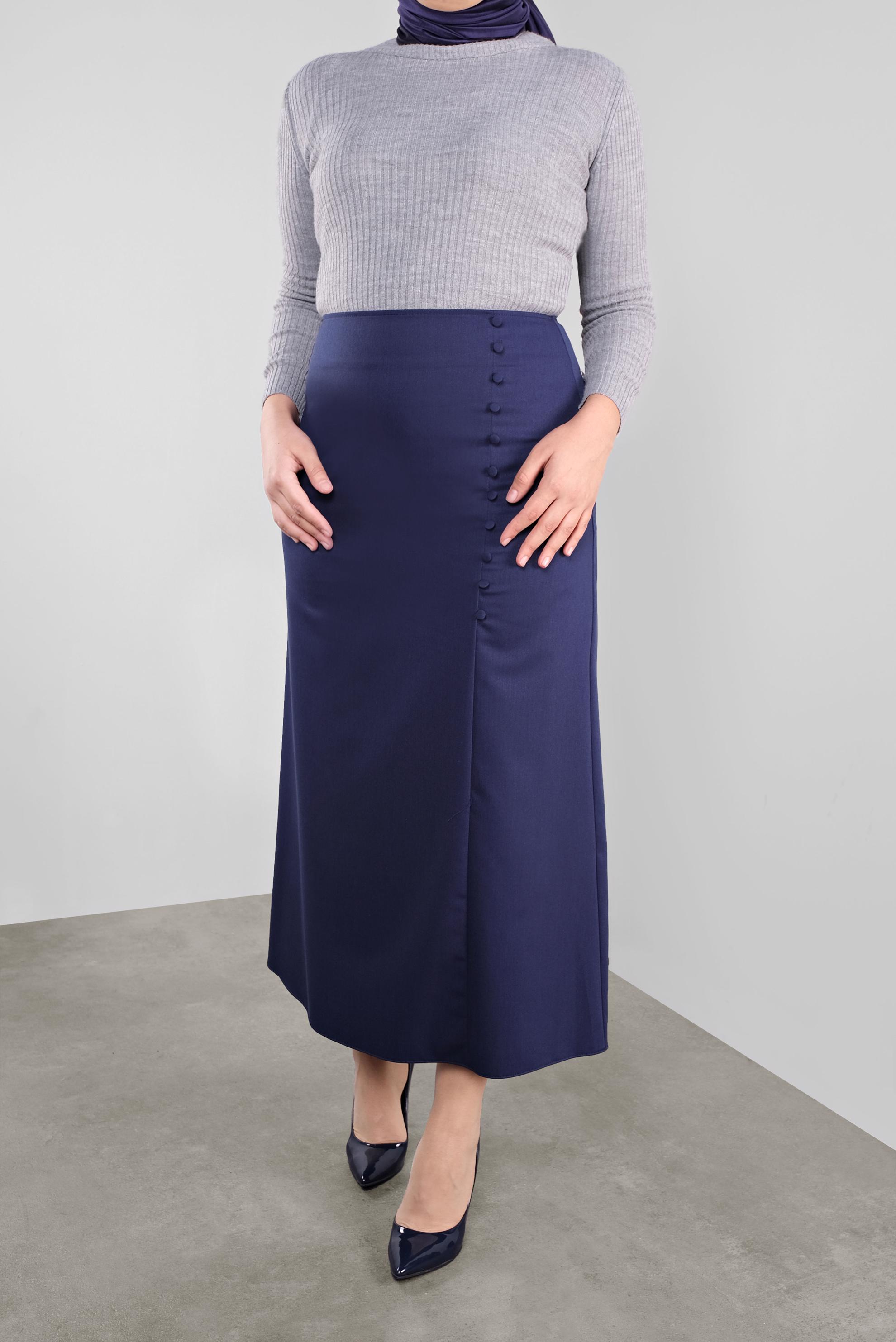 Tesettür giyim LACİVERT DÜĞME DETAYLI KLASİK ETEK 60125