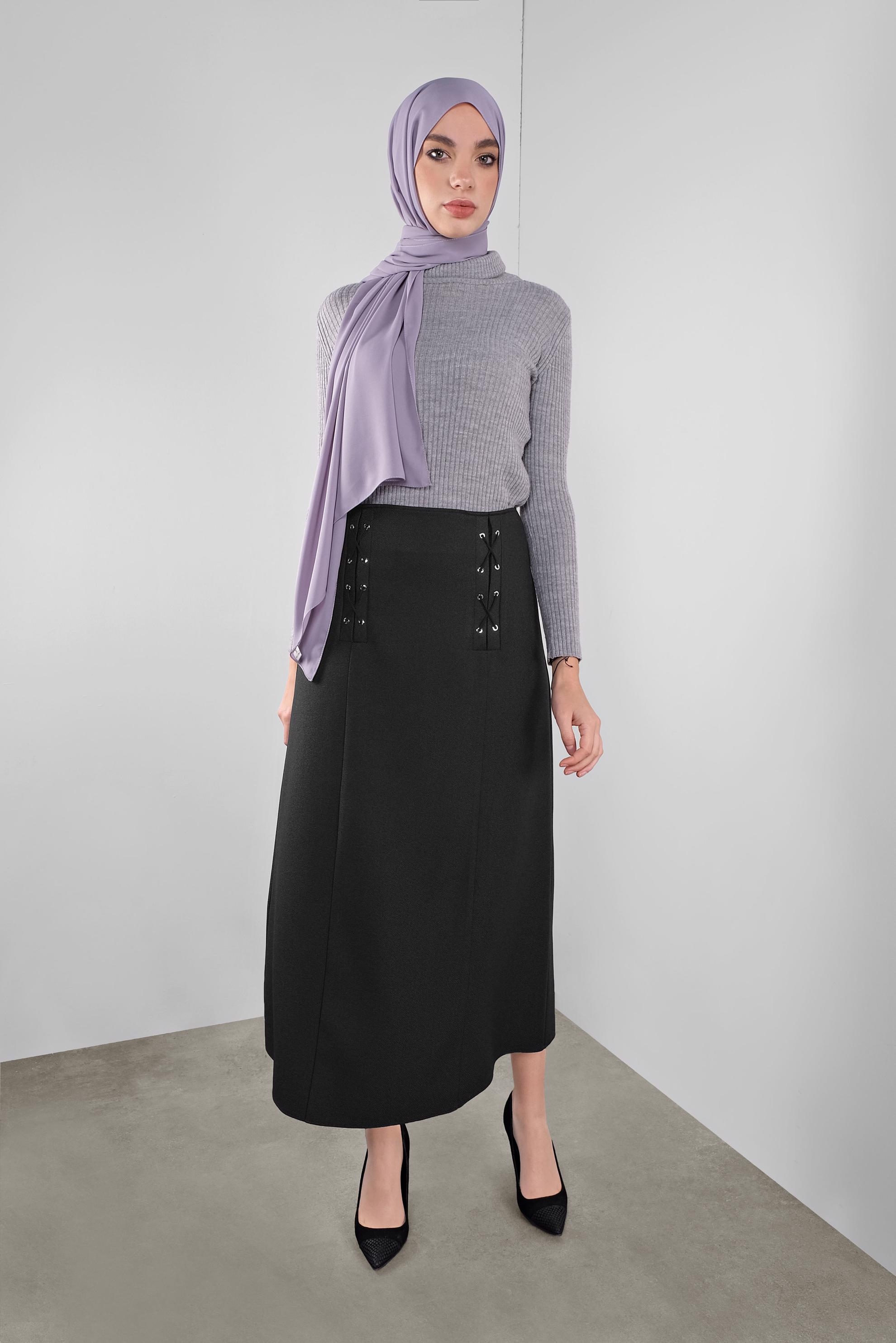 Tesettür giyim SİYAH KUŞGÖZÜ DETAYLI A KESİM ETEK 60128 