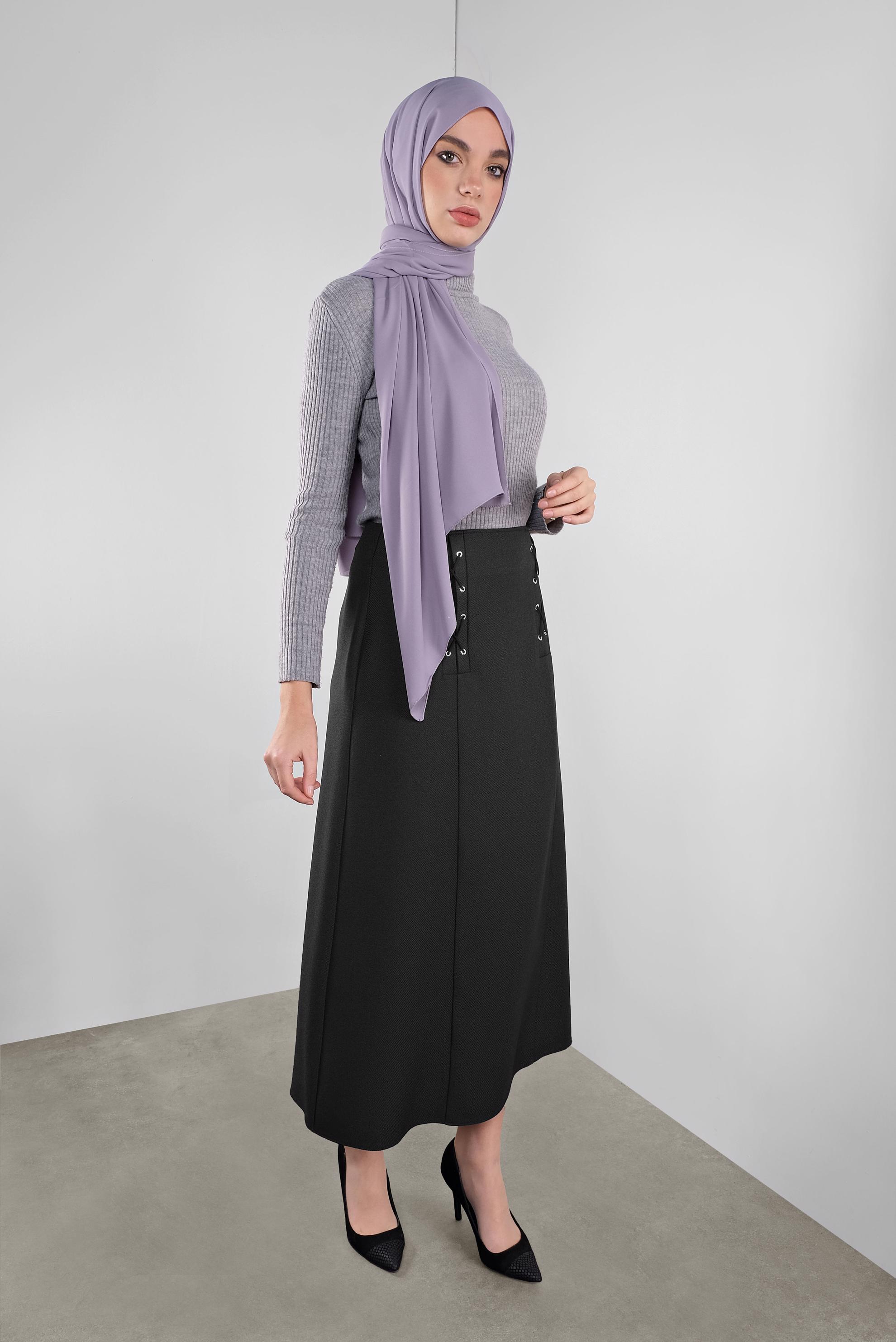 Tesettür giyim SİYAH KUŞGÖZÜ DETAYLI A KESİM ETEK 60128 