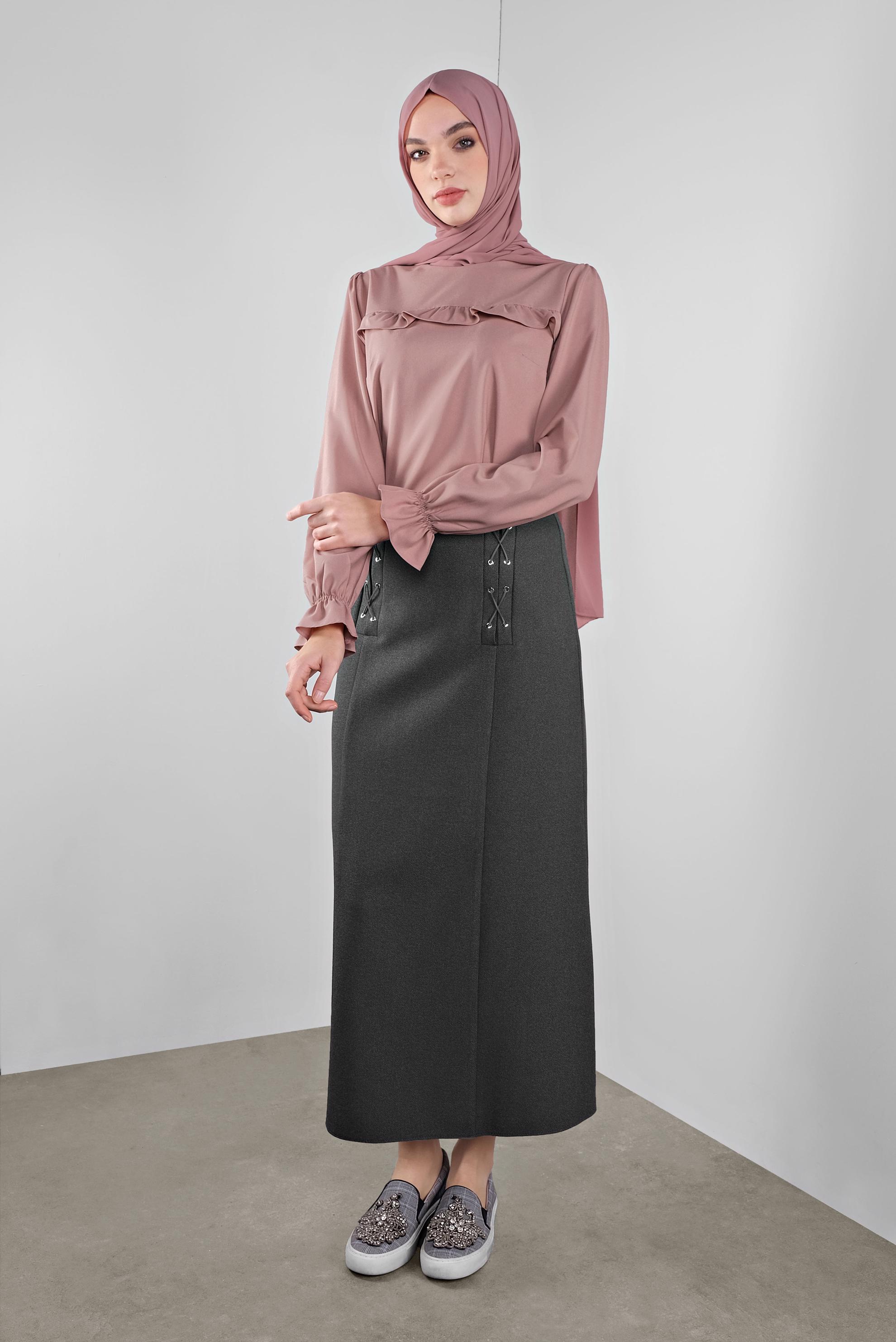 Tesettür giyim GRİ KUŞGÖZÜ DETAYLI A KESİM ETEK 60128 