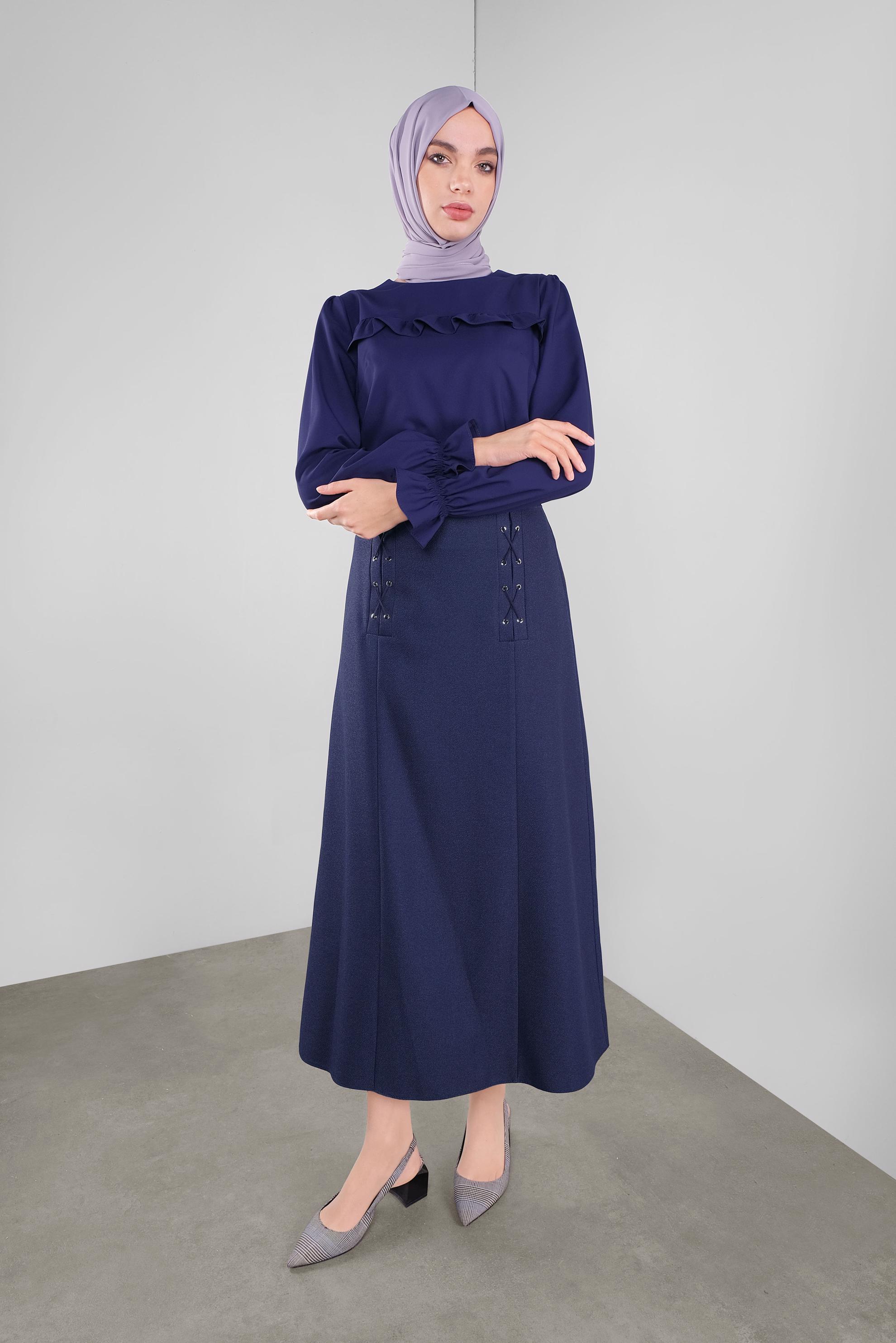 Tesettür giyim LACİVERT KUŞGÖZÜ DETAYLI A KESİM ETEK 60128 