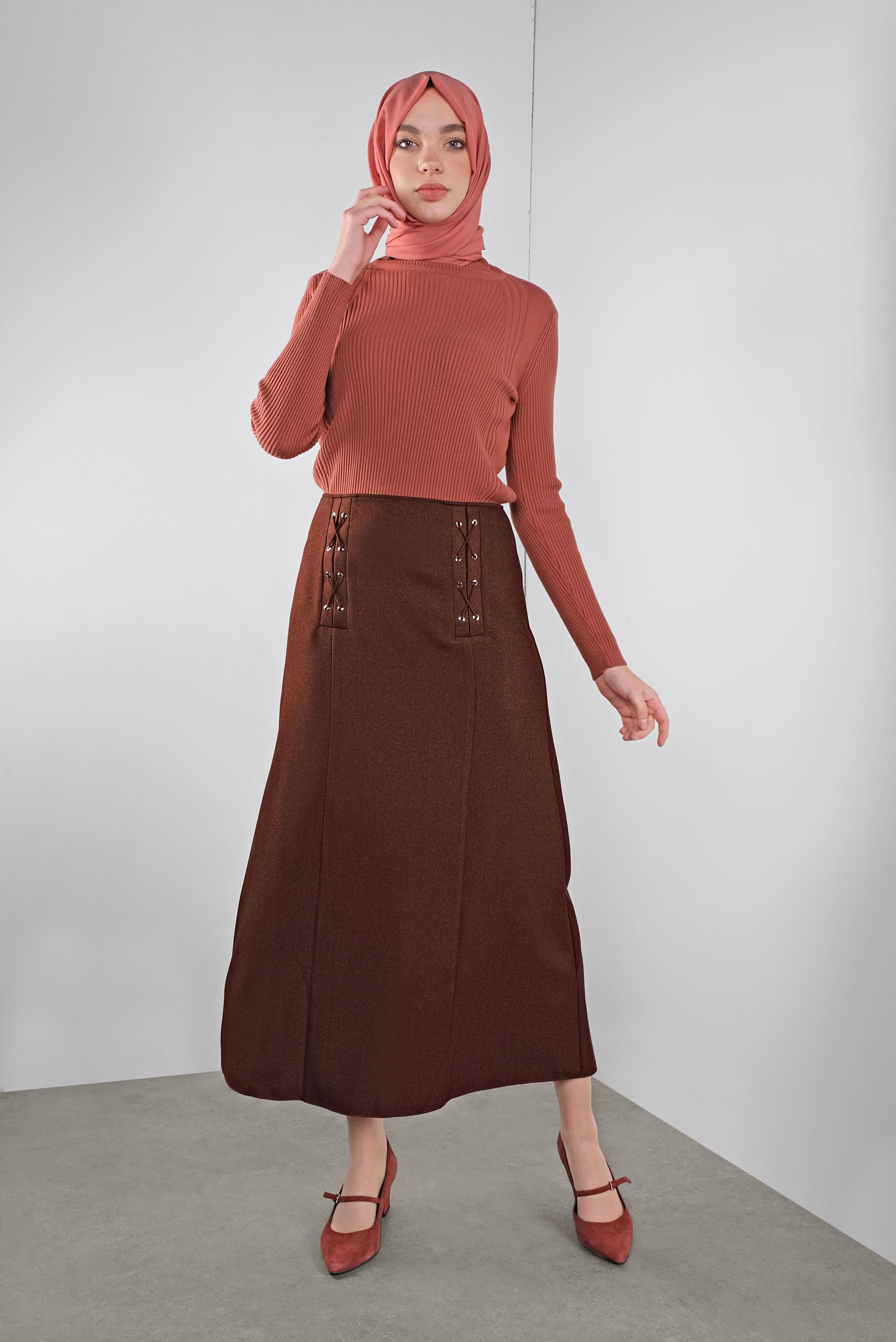 Tesettür giyim KAHVE KUŞGÖZÜ DETAYLI A KESİM ETEK 60128 