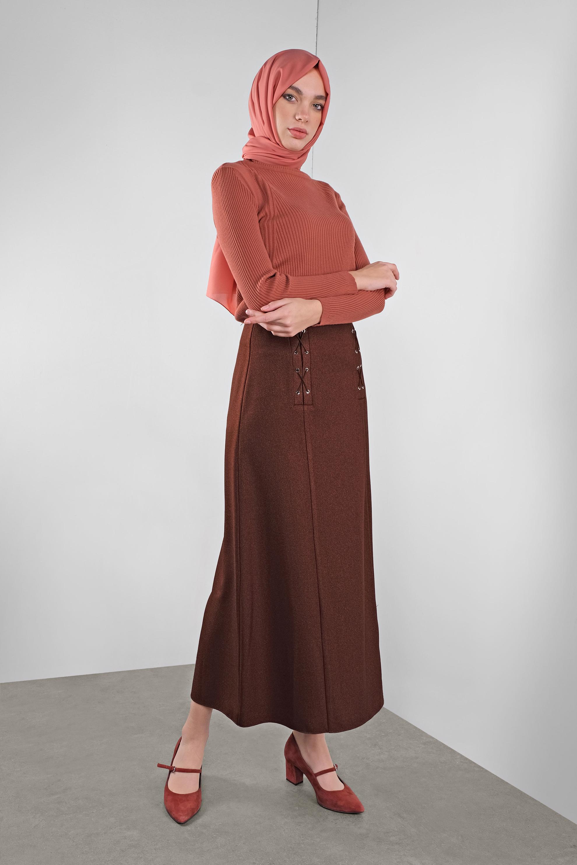 Tesettür giyim KAHVE KUŞGÖZÜ DETAYLI A KESİM ETEK 60128 