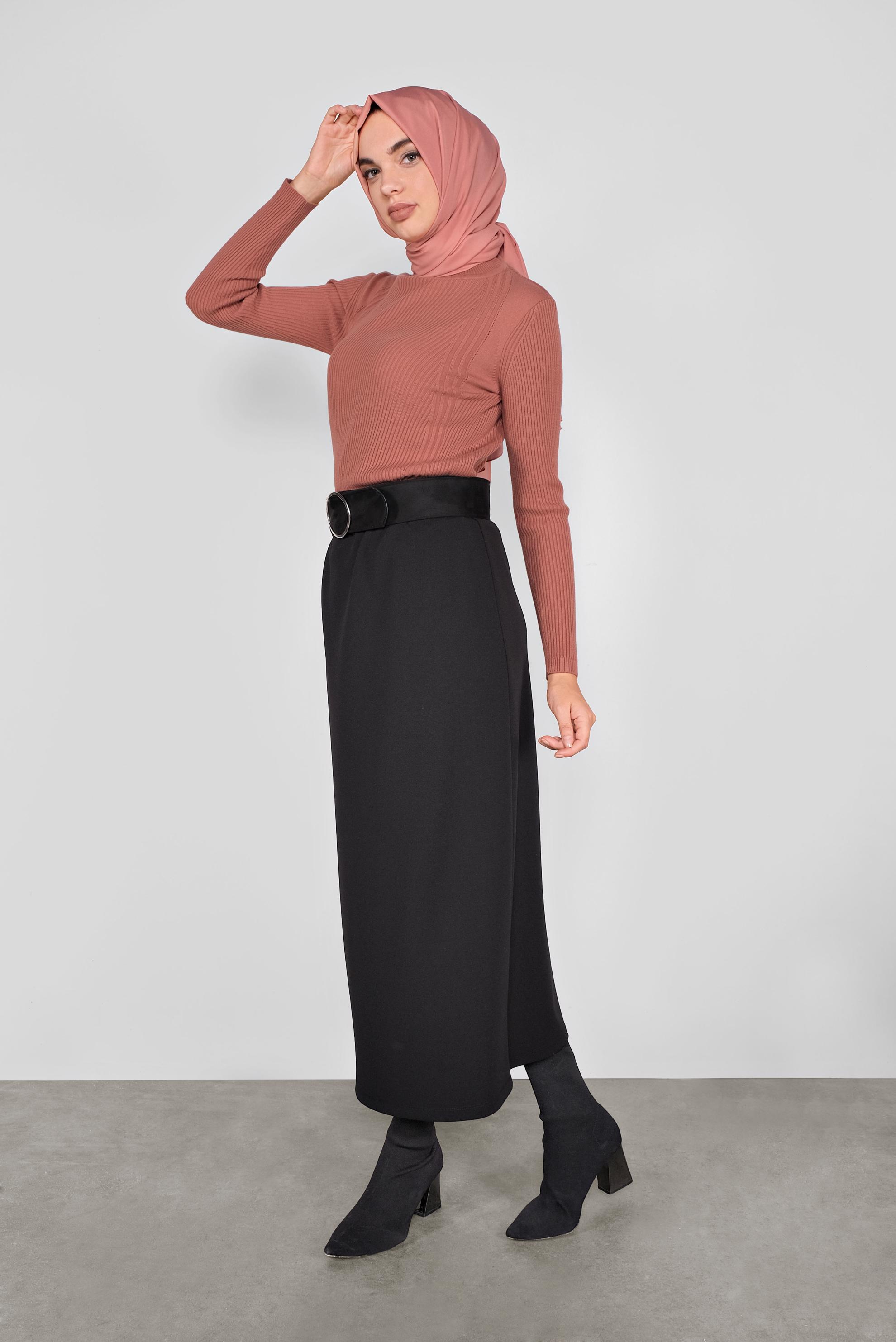 Tesettür giyim SİYAH BELİ LASTİKLİ KALEM ETEK 60130 