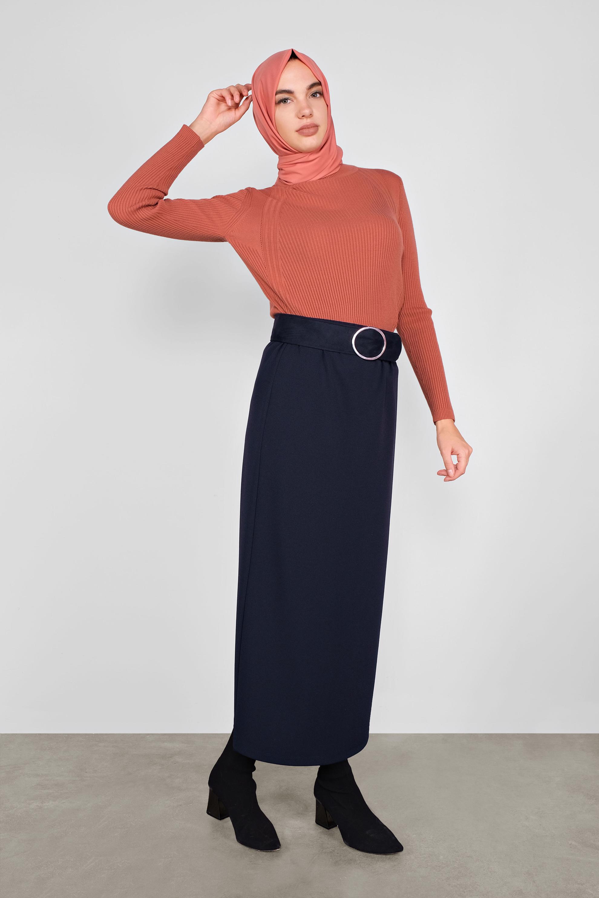 Tesettür giyim LACİVERT BELİ LASTİKLİ KALEM ETEK 60130 