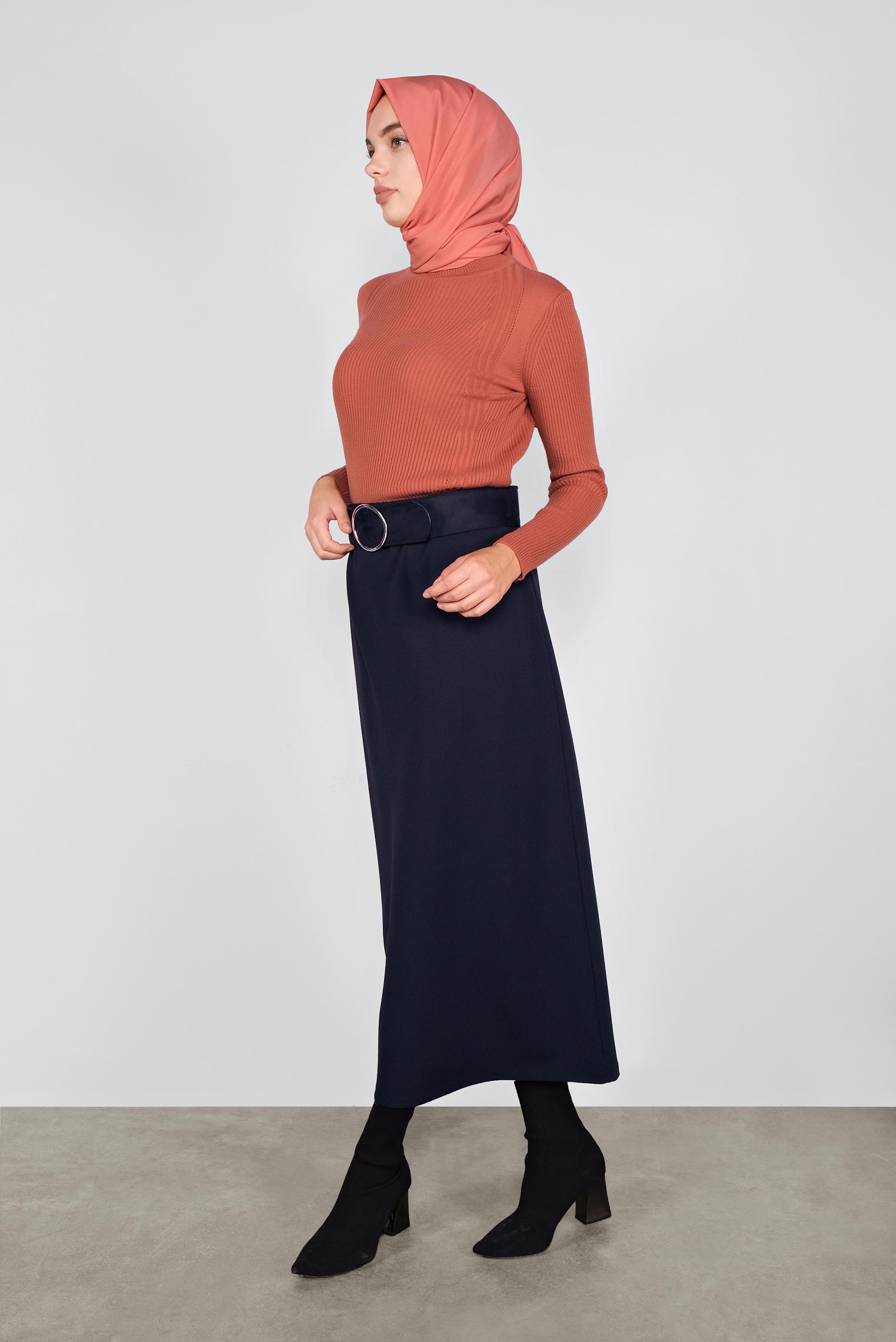Tesettür giyim LACİVERT BELİ LASTİKLİ KALEM ETEK 60130 